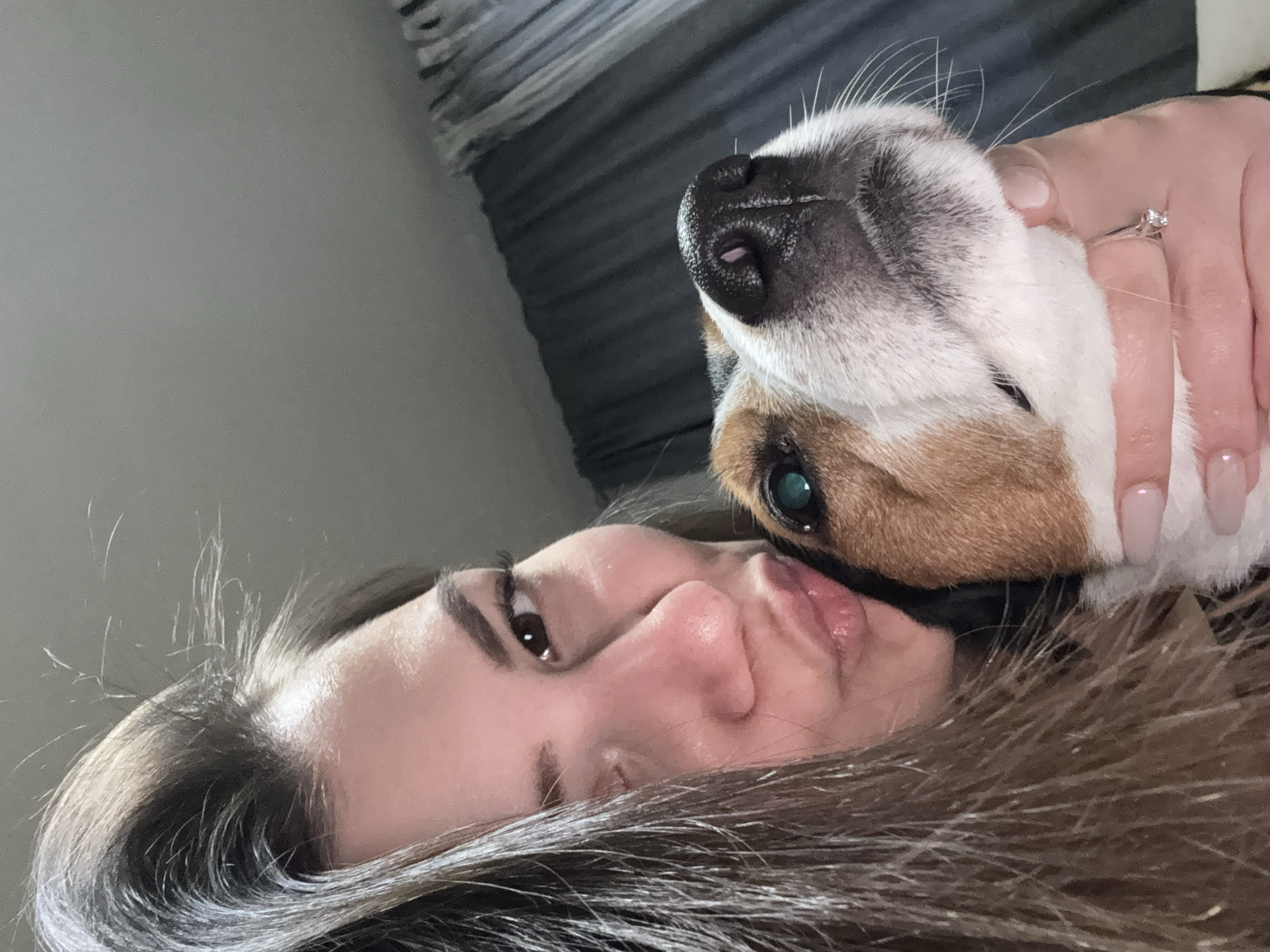 A woman with long brown hair lies on her side, facing the camera. She has brown eyes and slightly pursed lips. Nestled closely against her face is a tricolor dog (white, brown, and black). The dog's nose is prominent, with a close-up view of its black nostrils. A hand holding the dog is visible, adorned with a ring. The background consists of a gray wall and a textured surface, possibly a curtain or blind. The location and setting is unconfirmed to be Sofia, Bulgaria.
