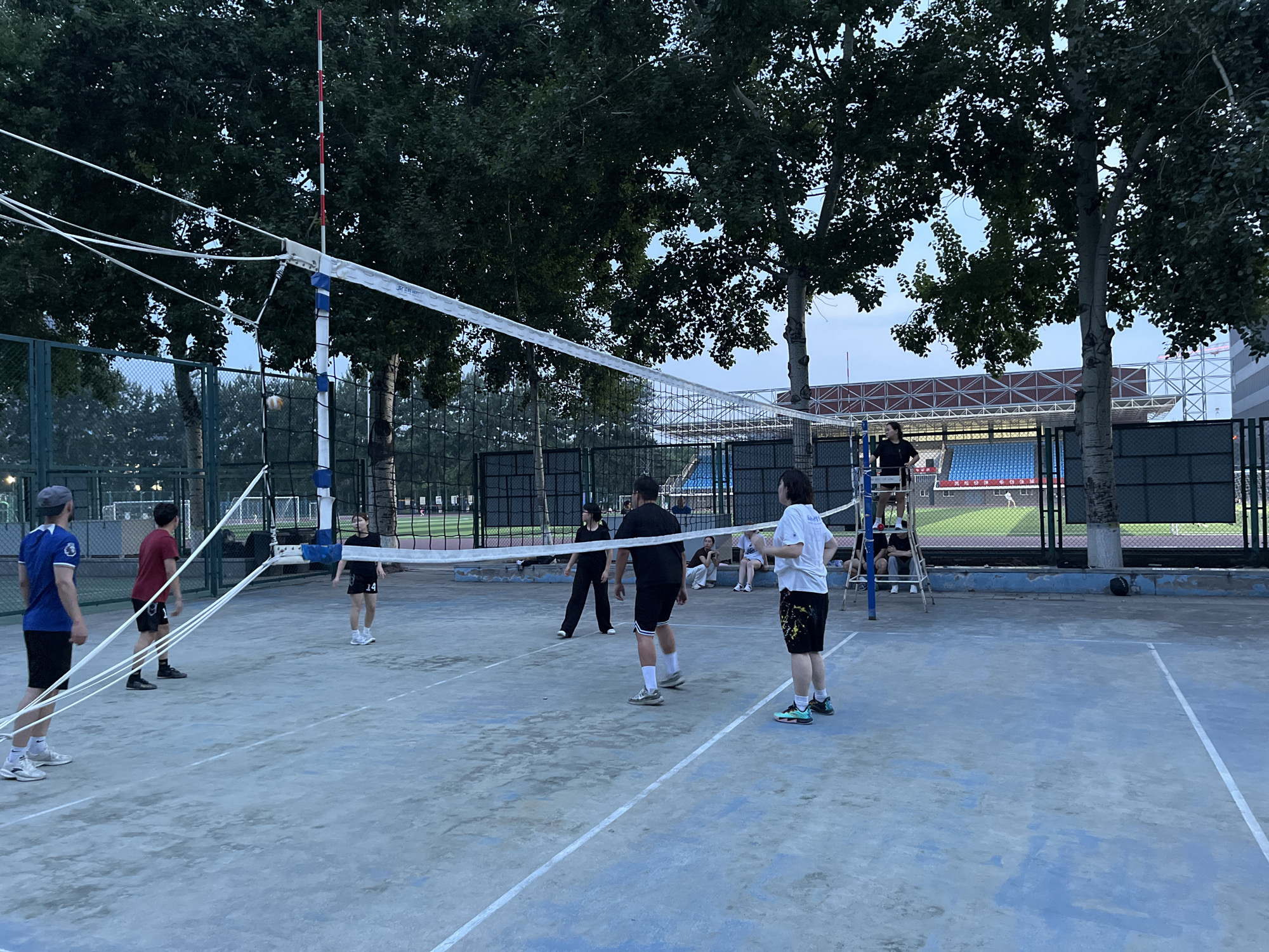 In an outdoor volleyball court, a group of people are engaged in a game. The court is made of concrete with blue and white markings. A white volleyball net is strung across the middle of the court, supported by poles. Several trees with dense green foliage surround the court, providing shade. In the background, there's a glimpse of stadium seating with blue seats and a track.
Several individuals are actively playing volleyball, with some positioned on one side of the net and others on the opposite. One person in a blue t-shirt and black shorts stands on the left, looking towards the net. To his right, another person in a maroon shirt and black shorts is also on the court. On the other side of the net, several individuals are visible, including a woman in black pants and a black top, and another in a white t-shirt and black shorts with colorful patterns. A volleyball is suspended in mid-air over the net.
In the background, several other people are seated, possibly watching the game or waiting for their turn. A ladder is placed near one of the net posts, and someone is standing on it. The sky appears overcast, suggesting it might be late afternoon or early evening. The overall atmosphere appears casual and recreational. There is no discernible text visible in the image. The scene is set in Daxing District, China, as indicated by the location context.