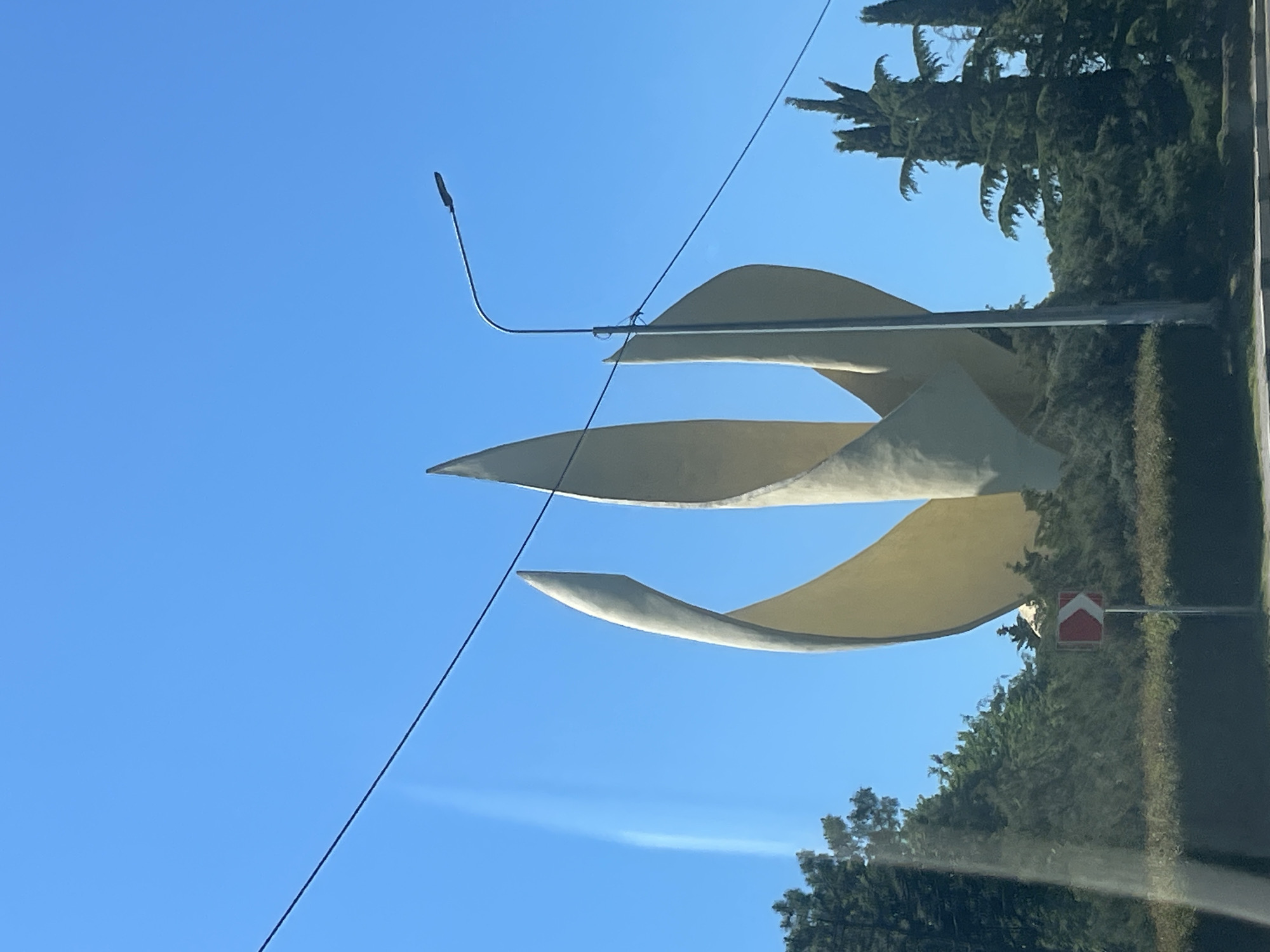An abstract, cream-colored sculpture resembling three large, overlapping petals or flames stands against a clear blue sky. The sculpture is tall and its smooth, curved surfaces are illuminated by sunlight. To the right of the sculpture, a modern street lamp with a single light source extends upwards. A thin black wire stretches diagonally across the upper portion of the image. In the middle ground, dense green foliage, including trees and hedges, surrounds the base of the sculpture. A small, red and white directional road sign with a chevron pointing left is visible in the lower-left portion of the foliage. The foreground shows a road and a reflective surface, possibly a car window, creating a slight glare on the left side of the image. The scene is set outdoors, likely in a public area within the city of Novomikhaylovsky, Russia, given the style of the sculpture and street lamp which are consistent with public art installations found in Russian cities. There are no people visible in the image.