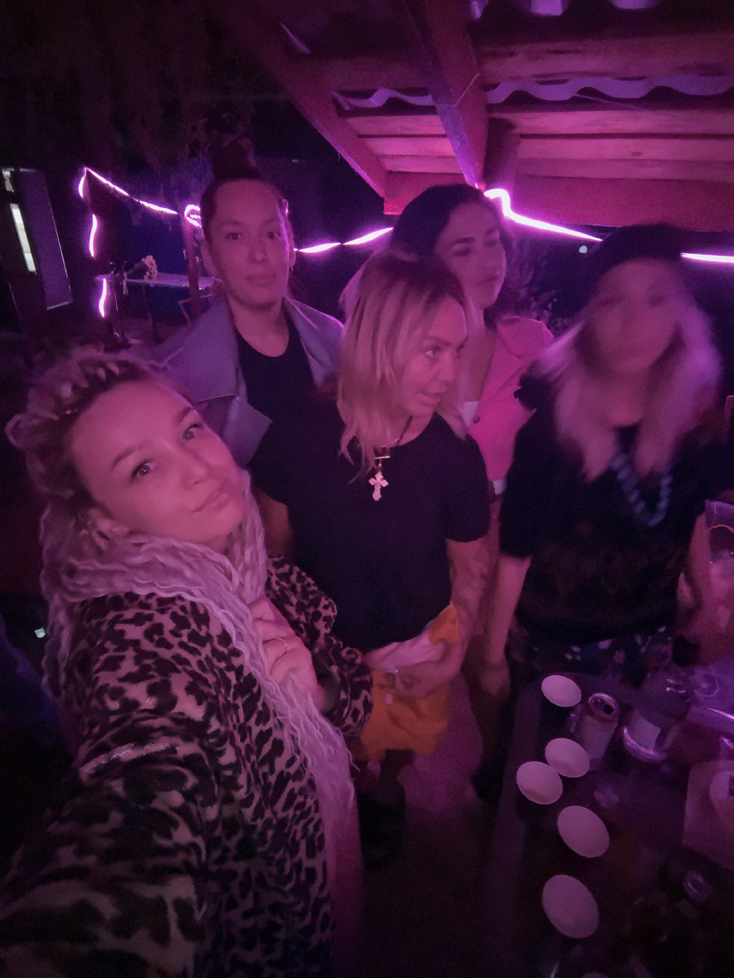 A group of five individuals poses indoors under pink lighting. The foreground features a woman in a leopard-print jacket with curly blonde hair. Behind her are four other people: a person in a blue shirt, a blonde woman wearing a cross necklace and a black shirt, a woman in a pink jacket, and another woman with blonde hair wearing a black shirt and a hat. In the foreground is a table with multiple cups and cans. The setting seems to be a bar or a similar establishment. It is night, and there is a wooden structure above them with pink LED strip lights. There is no visual confirmation that this is in the city of Noviy, Russia.