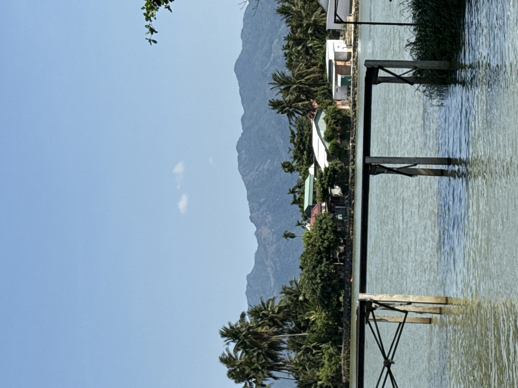 The image shows a view in the city of Tay Nha Trang Ward, Vietnam. A body of water stretches across the right side of the frame, with a simple wooden structure (possibly a pier or a fishing platform) extending into it. Vegetation grows near the water's edge.
Further inland, houses and other buildings are partially visible amidst lush greenery including palm trees, indicating a residential or mixed-use area. In the background, a mountain range rises into a clear blue sky with a wisp of cloud.