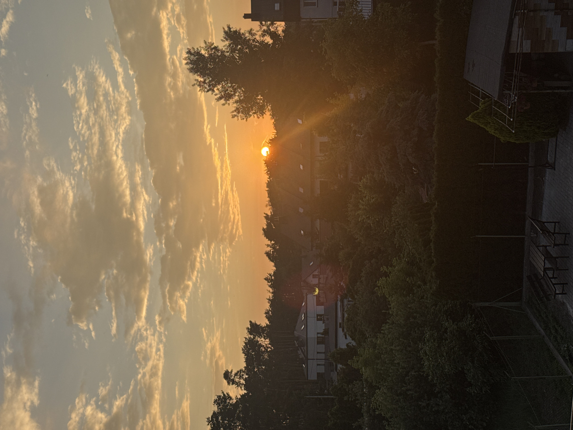 The image depicts a sunset in a suburban area, likely Marki, Poland. The sun, a bright orange orb, is partially obscured by trees and the roofs of buildings. Its rays are casting a warm, golden glow across the sky, illuminating wispy clouds that stretch across the frame. The scene is dominated by natural elements, with a dense line of trees separating the sky from the residential buildings. The architecture of the buildings appears modern, with pitched roofs and visible windows. To the right of the image, a darker section shows more dense foliage and what looks like a balcony or a fire escape attached to a building, suggesting an urban or semi-urban environment. The overall mood is peaceful and serene, characteristic of a tranquil evening. The time of day is clearly sunset due to the low angle of the sun and the warm color palette. No people are visible in the frame, and no text is present.