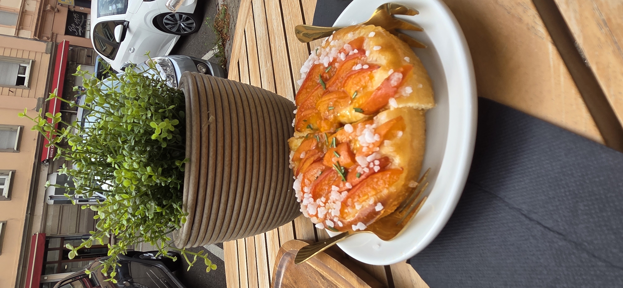 An outdoor seating area at a cafe in Strasbourg, France, features a round tart topped with sliced apricots and coarse salt, presented on a white plate. The tart is positioned on a wooden table, accompanied by a gold fork. Behind the tart, a potted plant with lush green foliage sits in a textured brown planter. In the background, a street scene is visible with buildings, parked cars, and awnings. The overall impression is a relaxed, daytime setting.