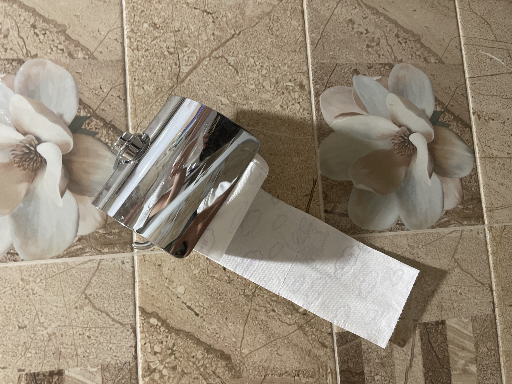The image captures an indoor scene, likely a bathroom, characterized by tiled surfaces and a toilet paper holder. The primary object in the foreground is a shiny, chrome-plated toilet paper holder affixed to a wall. A roll of white, patterned toilet paper is partially unrolled from it, extending diagonally downwards to the right. Reflections of what appear to be arms or hands, possibly belonging to the person taking the photograph, are visible on the metallic surface of the holder.
The background consists of ceramic tiles covering the wall. These tiles feature a beige and brown, stone-like texture with irregular veining, mimicking natural stone. Interspersed among these are larger tiles with decorative floral patterns, depicting light-colored magnolias with subtle pink and cream hues. The overall color scheme is warm and earthy. Shadows are cast by the toilet paper holder and the unrolled paper, suggesting indoor artificial lighting. No people are directly visible, and no specific activity is taking place other than the static display of the objects. There is no visible text in the image. The scene is located in Ihtiman, Bulgaria.