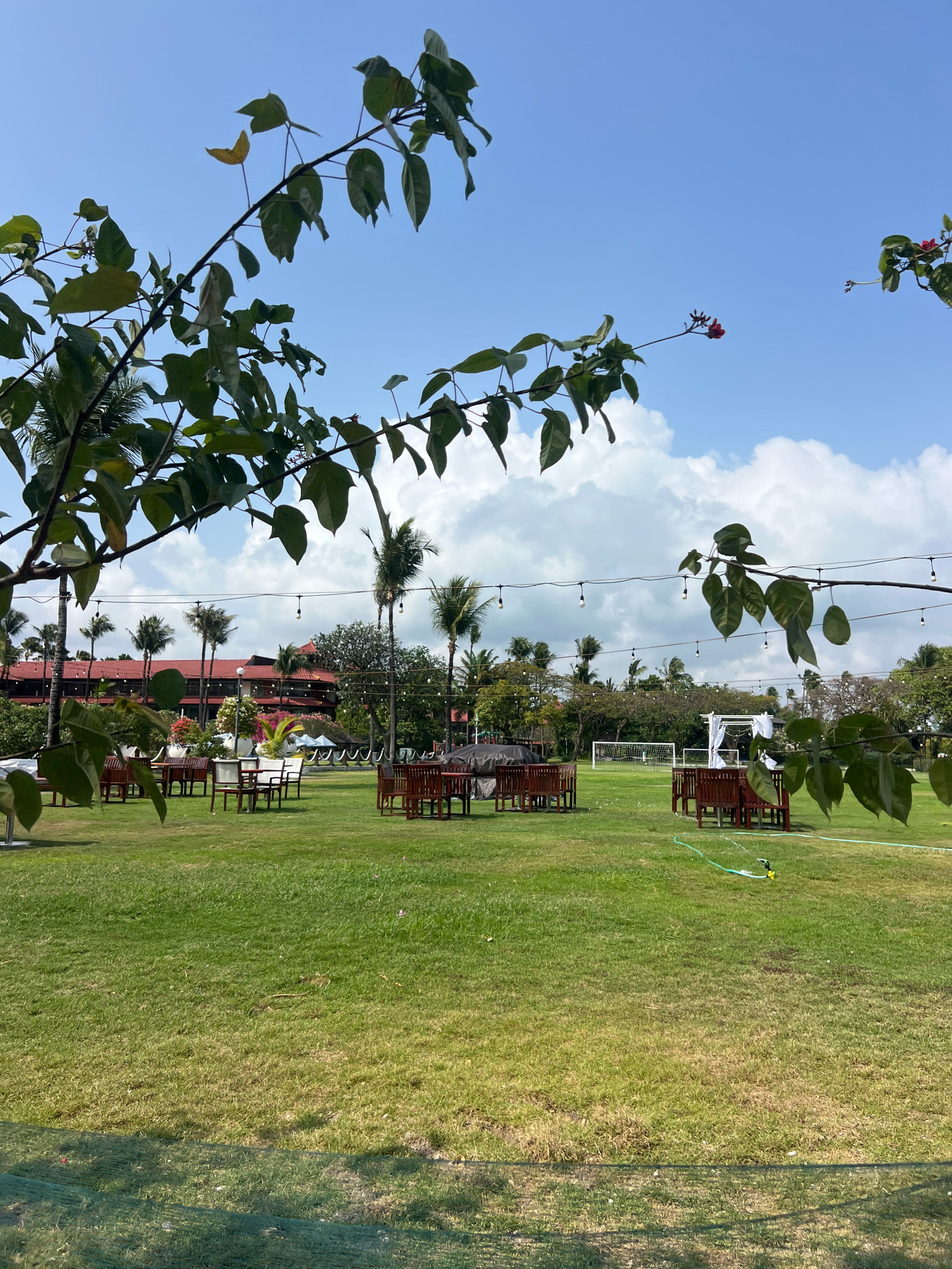 The image depicts an outdoor event or dining space set up on a grassy lawn in Kuta, Indonesia. In the foreground, leafy branches of a tree frame the scene, obscuring parts of the view. The mid-ground reveals an expanse of green grass dotted with several tables and chairs, some arranged in clusters and others individually. String lights are suspended overhead, suggesting the space is prepared for evening use. In the background, a long, red-tiled building with multiple stories and balconies is visible, likely a resort or hotel. Beyond the building, palm trees and other lush vegetation indicate a tropical climate. A white wedding arch or canopy is set up on the lawn, with a soccer goal in the distance. The sky is blue with scattered white clouds. A garden hose and sprinkler are visible on the grass, indicating recent watering. The overall impression is a well-maintained outdoor venue in a resort setting.