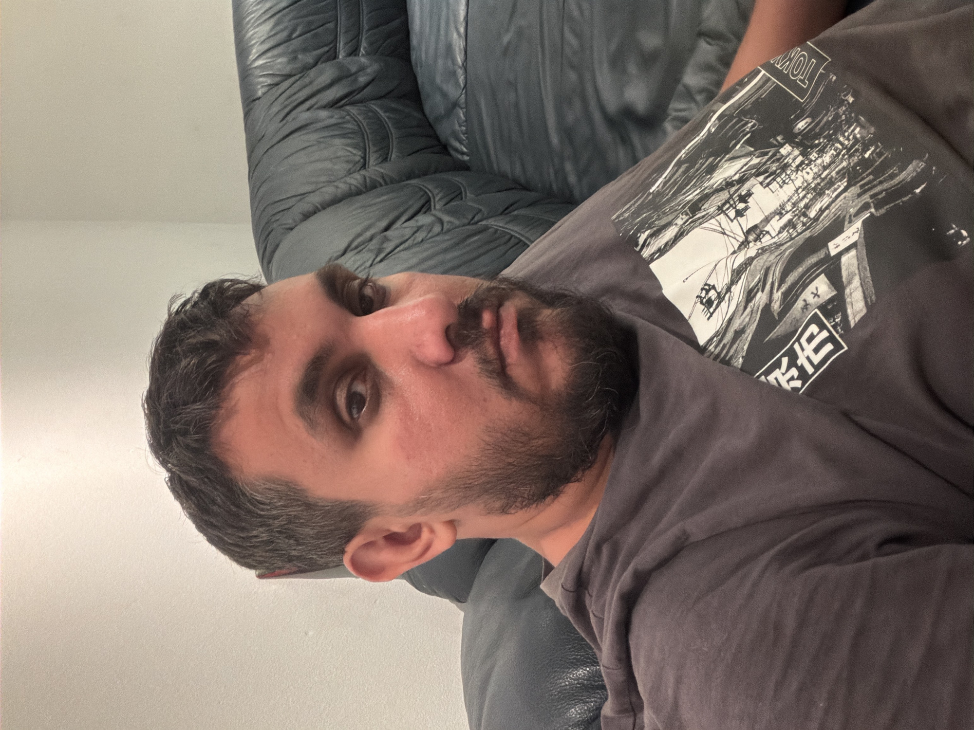 A man with short, dark hair and a beard is seated on a dark blue leather couch. He is wearing a grey t-shirt with a black and white graphic print of a city street scene. The man is looking directly at the camera with a neutral expression. The background shows a plain white wall and the textured surface of the couch. There is no discernible indication of the city of Mannheim, Germany within the image.