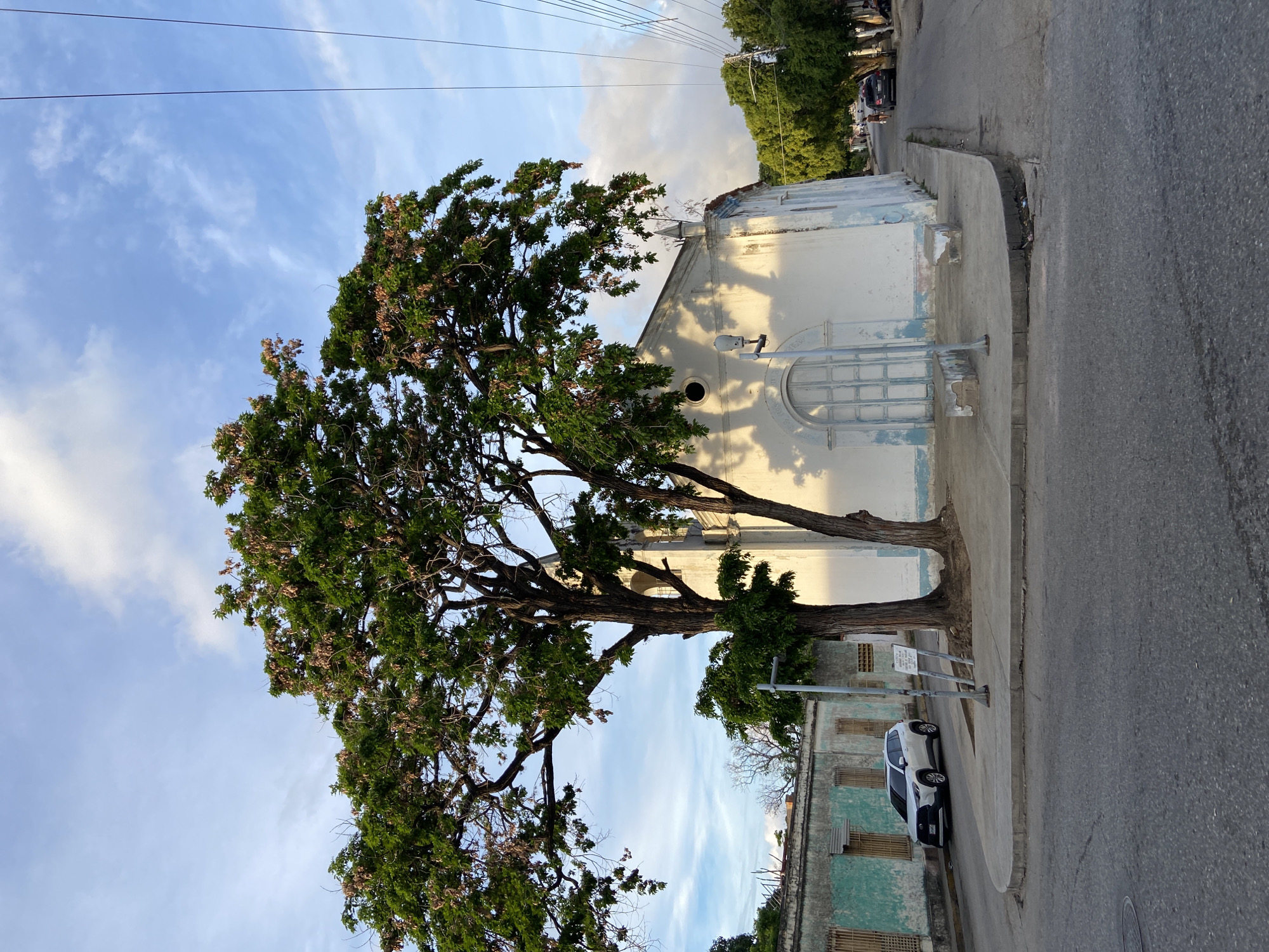 The image depicts a street scene in Juan Griego, Venezuela, featuring a white building with light blue trim that appears to be a church or a similar public building. The building has a distinctive arched doorway with light blue doors and a small circular window above it. A large tree with green foliage and some dry pods dominates the foreground, casting shadows on the building and the surrounding sidewalk. To the left of the church, there is a long, light teal-colored building with barred windows. A white SUV is parked on the street in front of this building. The street itself is paved and appears to be a local road with power lines running overhead. In the background, more trees and buildings are visible, as well as a few people walking along the street and a dark-colored car. The sky is partly cloudy with patches of blue sky, suggesting it is either morning or late afternoon. The overall impression is a quiet, somewhat weathered urban environment.