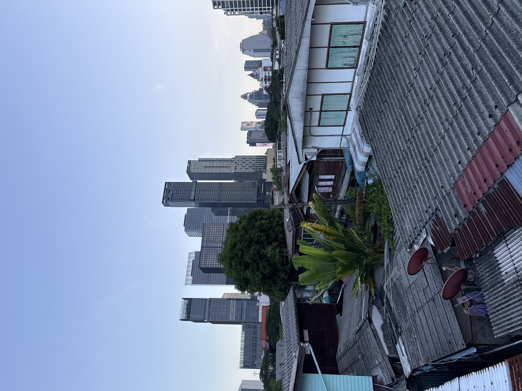This image depicts a cityscape in Bangkok, Thailand, showcasing a stark contrast between modern high-rise buildings and older, low-rise structures. The foreground is dominated by the weathered, corrugated metal roofs of humble dwellings, some with visible satellite dishes and clothing hanging to dry. A light blue painted wall of one structure is visible on the left. Behind these older buildings, a lush green tree stands out, and further in the background, a cluster of contemporary skyscrapers pierces the clear sky. The overall impression is one of urban development encroaching upon established, simpler living spaces.