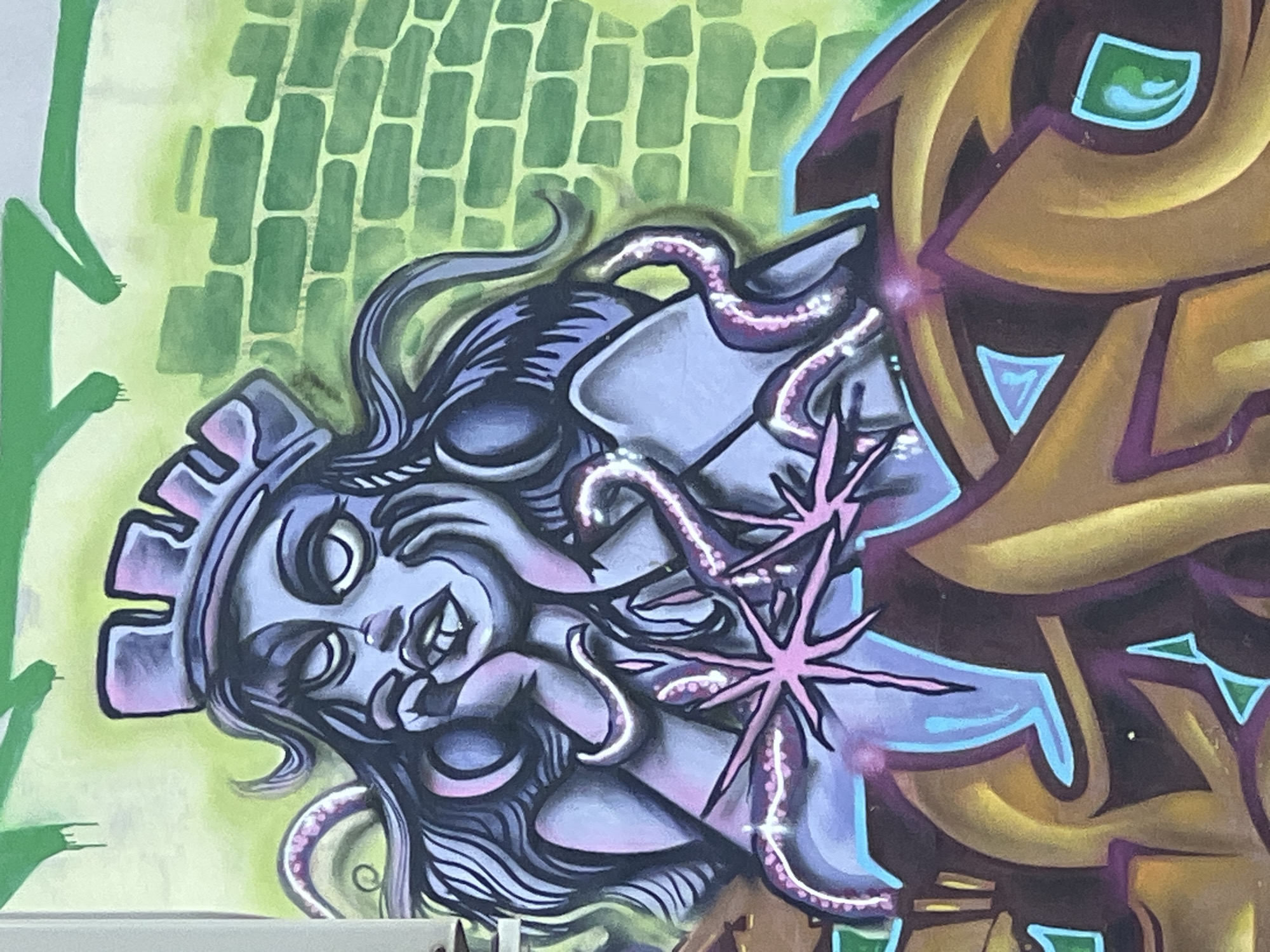 This is a photograph of graffiti art on a brick wall. The artwork depicts a stylized female figure with dark hair, wearing a crown, and adorned with tentacles. The background is painted to resemble a green brick wall. The lower portion of the image shows abstract, colorful graffiti elements in shades of gold, purple, and blue. There is no discernible location in the city of Sofia, Bulgaria.