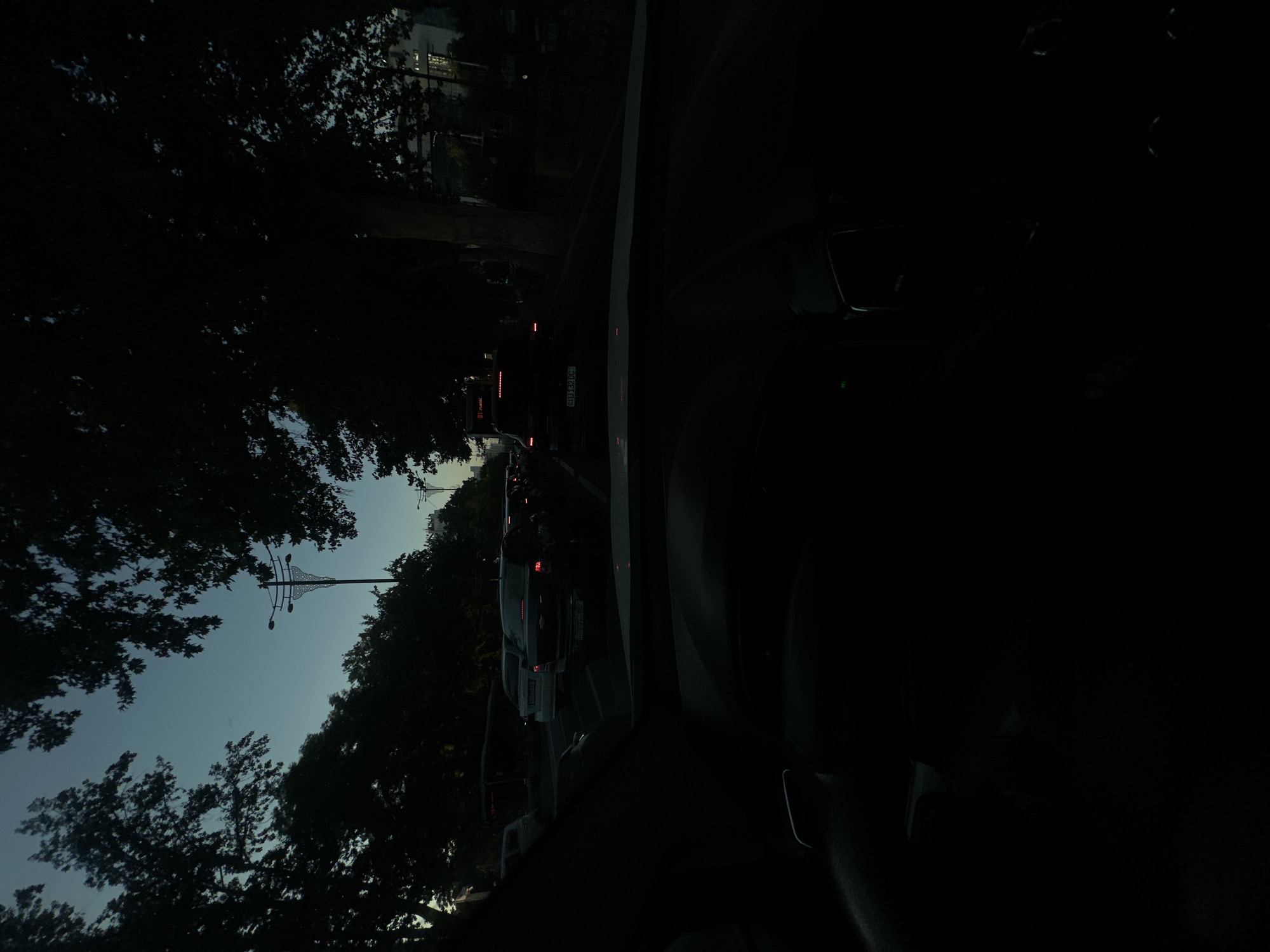 The image captures a traffic scene in Tashkent, Uzbekistan, at dusk or early evening. The view is from inside a vehicle, looking forward through the windshield. Trees with dense foliage line both sides of the road, their silhouettes dark against the twilight sky. A street lamp with an ornate design stands on the left side of the road, casting a faint glow.
Several vehicles are visible on the road, indicating moderate traffic congestion. A black Chevrolet sedan is prominently featured in the center, its taillights illuminated. Behind it, other cars and a bus can be seen. The license plate of the Chevrolet is visible and reads "01U132DC". The dashboard of the vehicle from which the photo is taken is visible in the foreground, mostly in shadow. The overall atmosphere is dim, with the ambient light suggesting the transition from day to night.