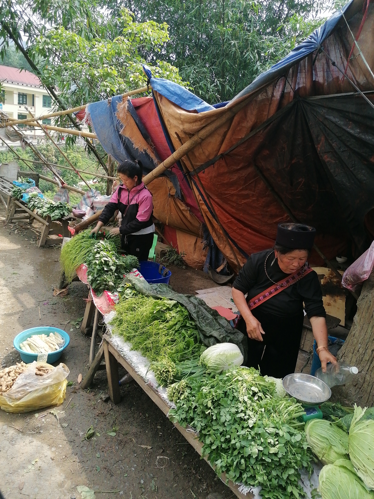 Two women are at a roadside market stall in what appears to be Trung Chải, Vietnam. One woman is wearing a black and pink jacket, while the other is in traditional attire with a black headdress and a decorated sash. They are arranging and selling an assortment of fresh greens and vegetables on a wooden table. Produce includes cabbages, leafy greens, and bundles of herbs. Additional items like ginger and stalks of vegetables sit in containers on the ground. A makeshift canopy protects the stall from the elements. The ground is wet and muddy. A building is visible in the background.
