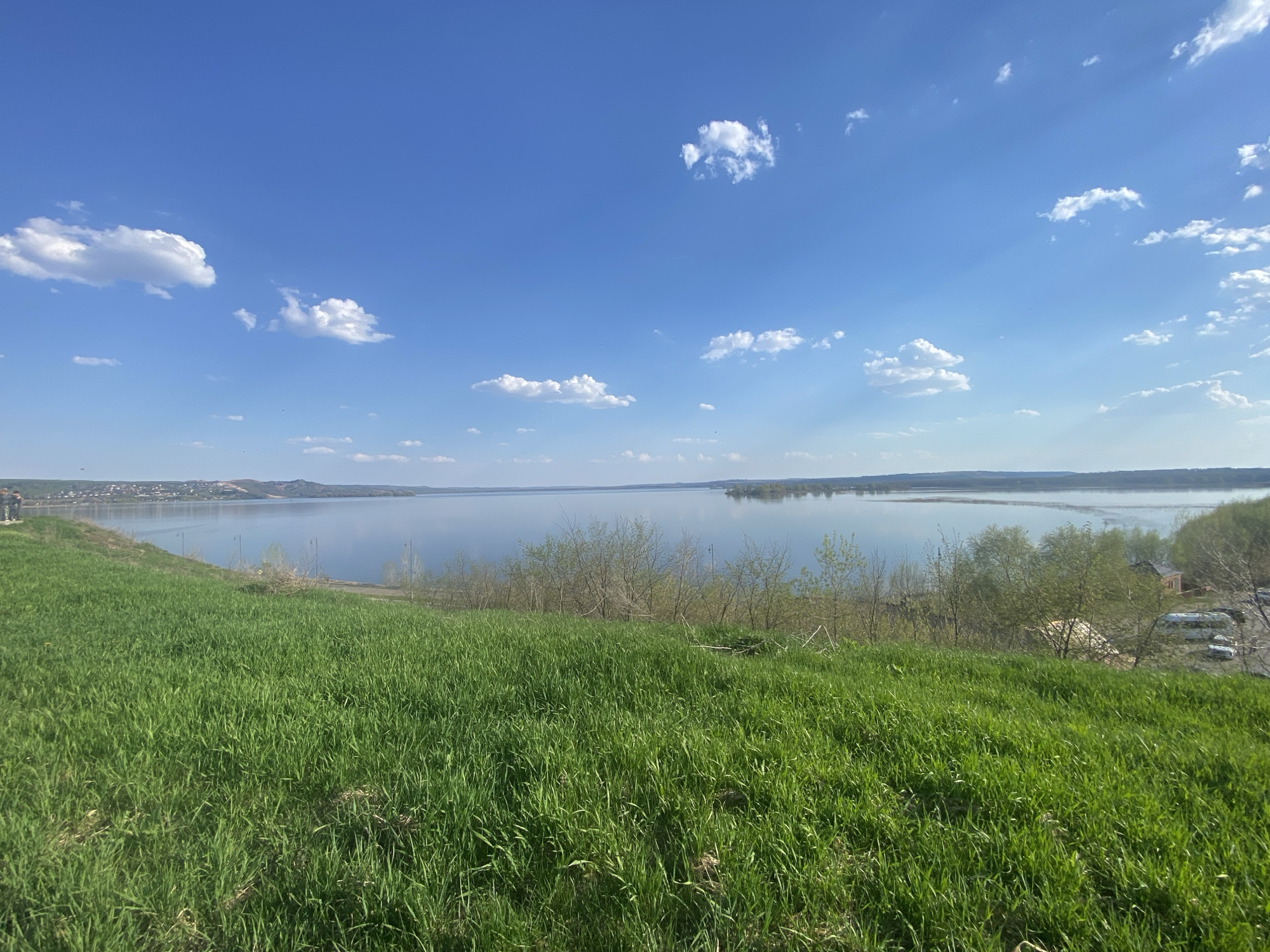 The image depicts a serene landscape in Sviyazhsk, Russia. A vast expanse of water, likely a river or lake, fills the midground, reflecting the clear blue sky dotted with scattered cumulus clouds. The foreground is dominated by a hill covered in vibrant green grass. Sparse, young trees and shrubs grow along the edge of the hill, obscuring a few buildings and vehicles visible further down. The overall atmosphere is tranquil and peaceful.
