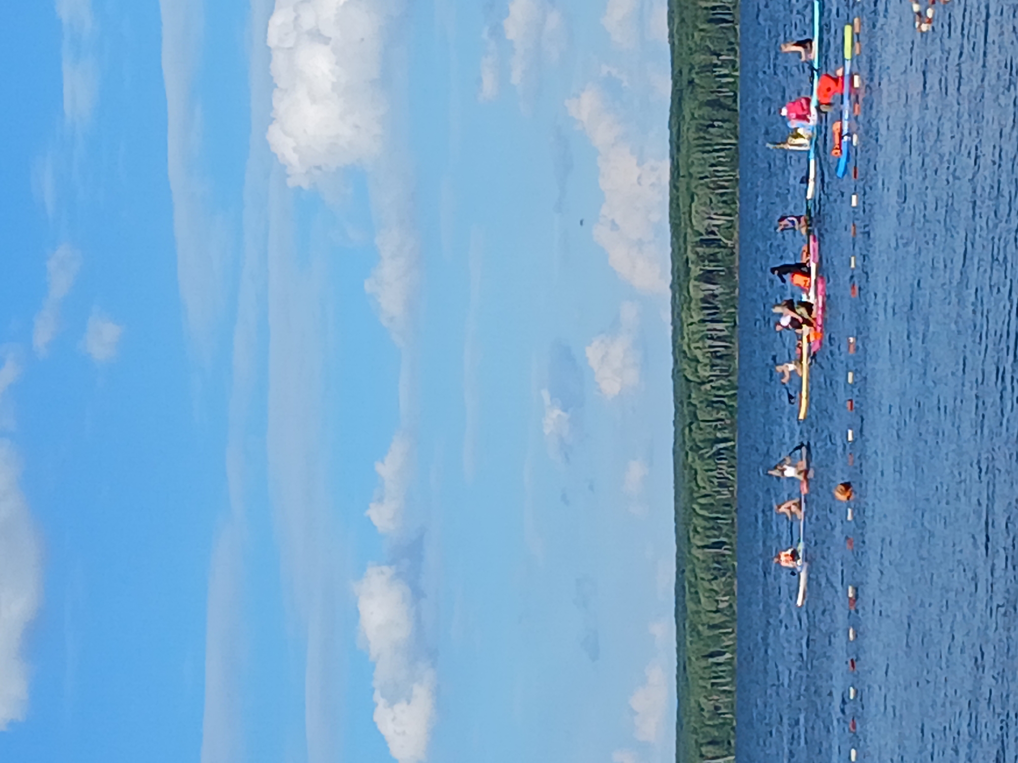 A group of people are paddleboarding on a large, calm body of water. The water is a deep blue, and the sky above is a bright blue with scattered white clouds. A dense line of green trees forms the shoreline in the background. The people are spread out across the water, some paddling and others sitting on their boards. There are several paddleboards visible, some with multiple people. The overall scene suggests a recreational activity on a warm, sunny day. The location is the Kama River in Chaikovsky, Russia.