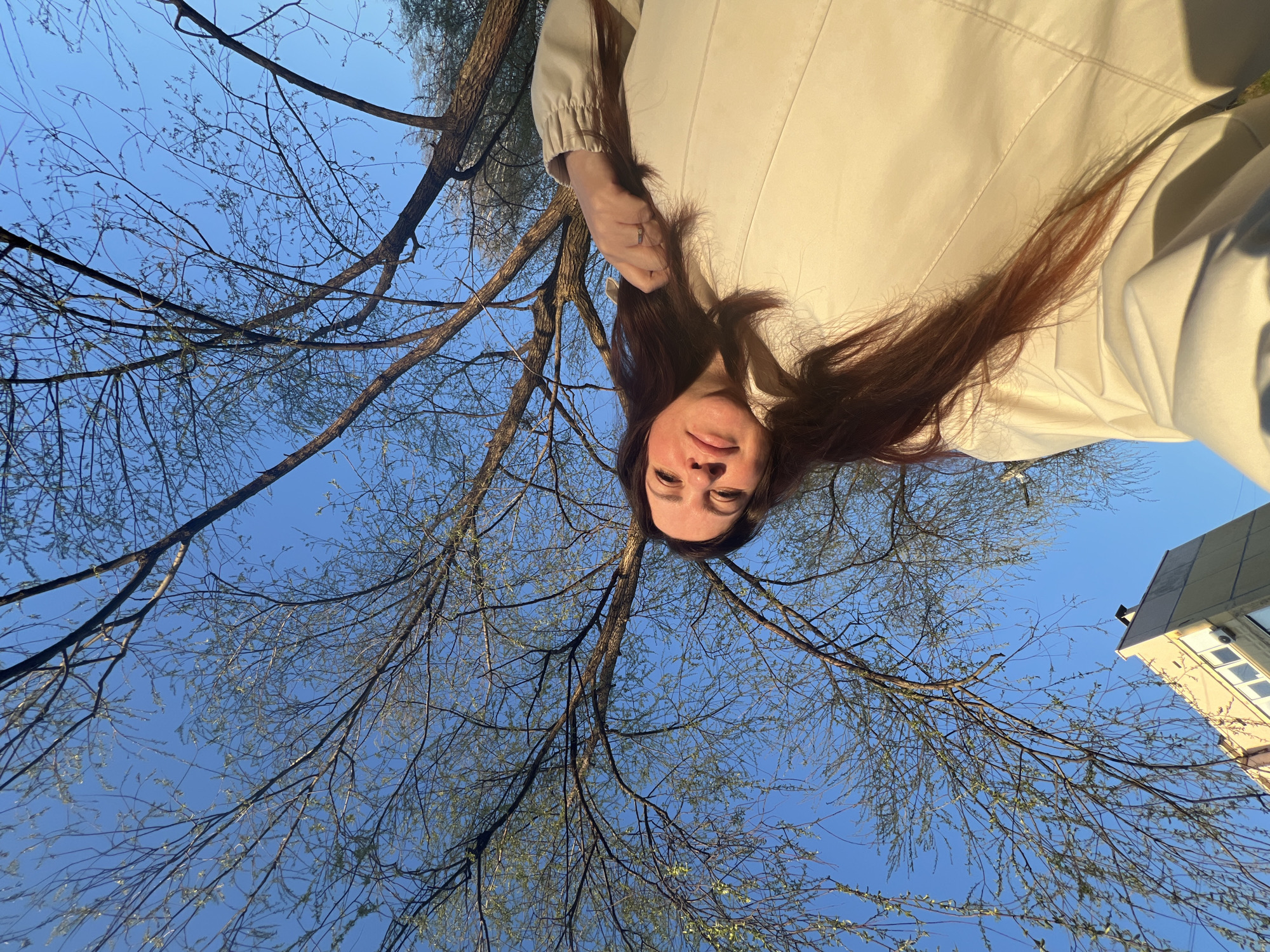 A photograph taken from a low angle looking up towards a woman with long brown hair wearing a light-colored jacket. The woman is positioned in the center of the frame. Above her, bare tree branches stretch across a bright blue sky. In the lower right corner, a building with windows is partially visible. The photograph appears to have been taken outdoors. The city location is Noviy, Russia.