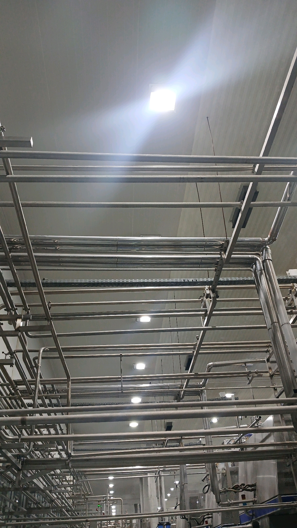 The image shows an interior view of what appears to be a processing facility or factory, possibly in Gadobangkong, Indonesia. The scene is dominated by a complex network of stainless steel pipes running horizontally and vertically throughout the space, suspended from the ceiling and supported by metal framework. The ceiling itself is a light-colored, possibly acoustical, material with multiple recessed fluorescent or LED lighting fixtures. One prominent overhead light fixture in the upper part of the image is particularly bright, causing a strong glare. The overall environment is clean and industrial, suggesting a controlled setting for manufacturing or production. No people are visible in the image. The perspective is looking upwards into the infrastructure of the facility, emphasizing the intricate piping system.