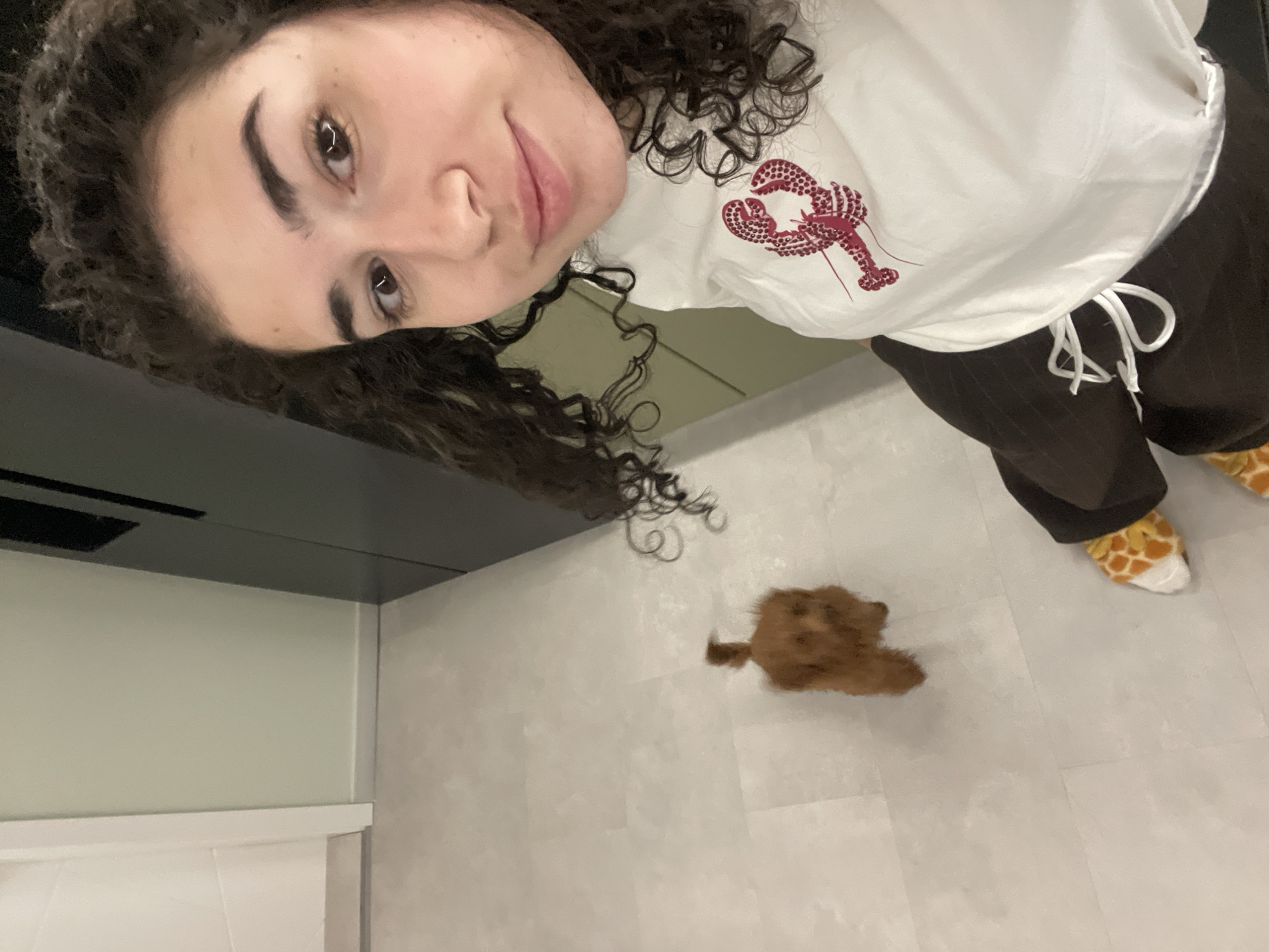 A young woman in Sofia, Bulgaria, takes a selfie, capturing herself and a small, blurry brown dog-like figure on a light-colored tiled floor. The woman has dark, curly hair and brown eyes, looking directly at the viewer with a gentle smile. She is wearing a white long-sleeved shirt featuring a prominent red lobster graphic on the chest. Her lower half is dressed in dark-colored pants, possibly sweatpants or pajamas, with a white drawstring at the waist. She has distinctive yellow and white giraffe-patterned slippers on her feet.
The background shows an indoor setting, likely a room or hallway. To the left, there's a light grey wall beneath a dark, possibly black, overhead fixture or ventilation unit. The floor is made of large, light grey or beige tiles or panels. The small, fluffy brown animal, possibly a toy or pet, is positioned on the floor to the woman's right, appearing slightly out of focus. No specific time of day or external weather conditions are discernible from the indoor scene. There is no visible text in the image.