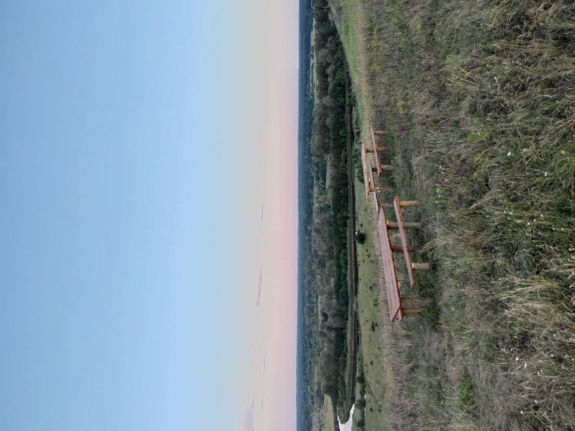 This is a landscape photograph taken at dusk in the village of Ustyvytsia, Ukraine. In the foreground, two rustic wooden picnic tables with benches are positioned on a grassy hillside. The hillside is covered with tall, dry grass and scattered wildflowers, some of which are purple. In the middle ground, a winding river meanders through a valley dotted with trees. The valley is bordered by a dense forest that stretches to the horizon. The sky above is a gradient of pale blue and soft pink, indicating the end of the day. There are no people visible in the image. The scene evokes a sense of tranquility and natural beauty.