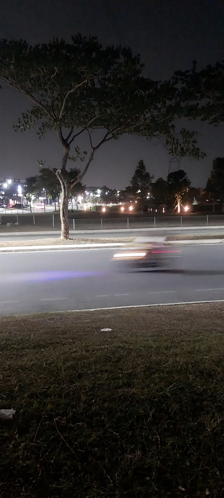 A long-exposure photograph captures a nighttime scene on a road. In the foreground, dark grass borders the asphalt road. A single tree stands prominently on the left side, its branches silhouetted against the dark sky. The road itself is the main focus, with a blurred vehicle streaking across it, leaving a trail of light that appears to be a headlight. In the background, beyond the road, a park-like area is visible with decorative lights and trees. Further back, buildings with illuminated windows suggest a city environment. The overall impression is a dynamic shot of motion against a static, yet lit, urban nightscape. This scene is located in the city of Medan, Indonesia.