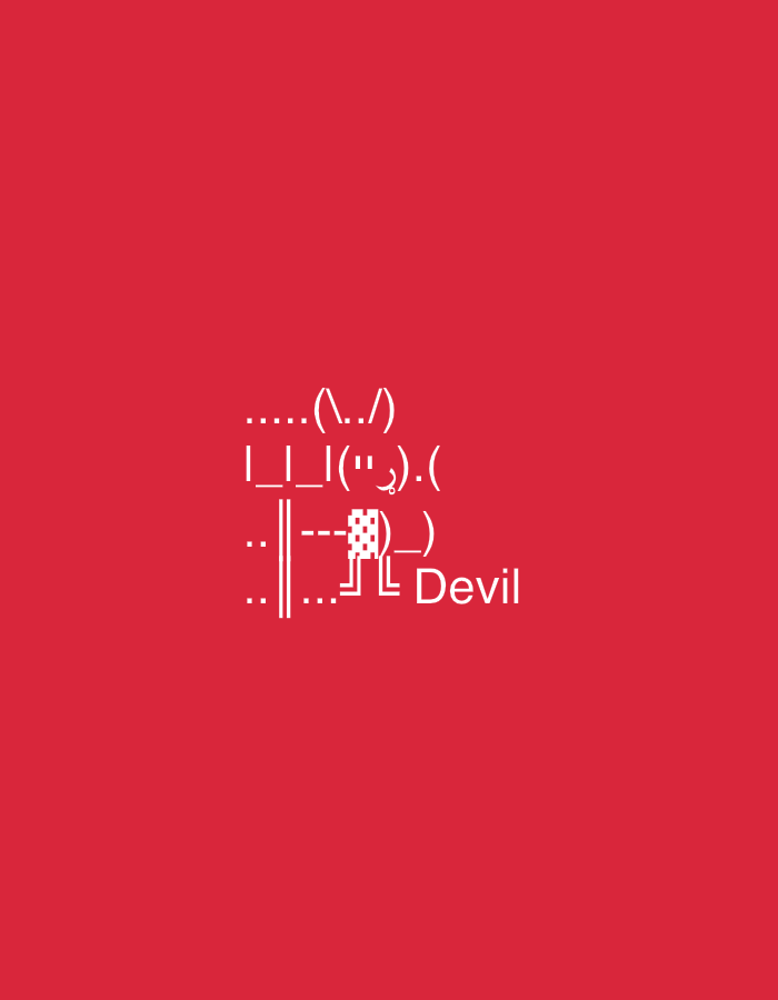 The image displays a red background with white text and ASCII art. The text reads "....(./) _|_(_").(. :|----|.)_ Devil". The ASCII art depicts a stylized figure with horns and a tail, possibly representing a devil. The location is not specified in the image or its context, therefore, it cannot be determined if it is in Yerevan, Armenia.
