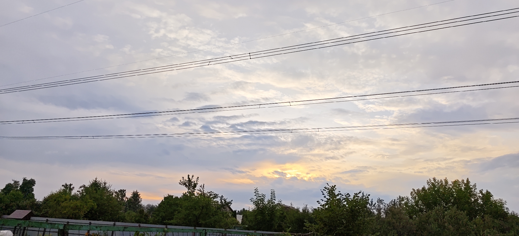 The image captures a dusky sky with a mix of clouds and a bright sunset glow. Several power lines stretch horizontally across the frame, dividing the sky. Below the sky, a line of lush green trees forms a natural barrier, with the tops of some buildings and a fence visible at the very bottom. The overall scene depicts an outdoor environment at dusk, with an emphasis on the sky and the natural landscape.