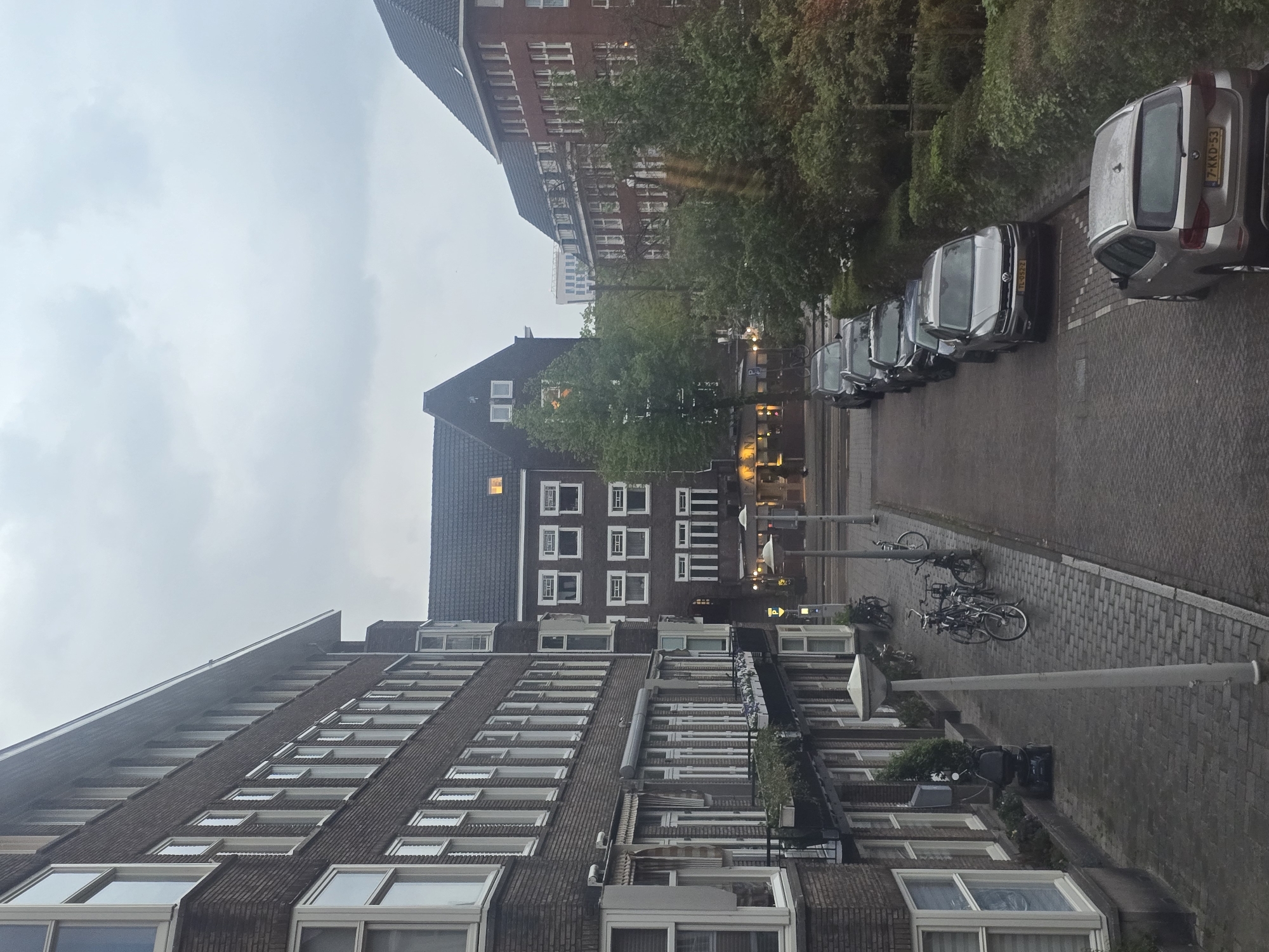 The image depicts a street scene in an urban setting. Brick buildings with multiple windows line the street. Several cars are parked along the right side of the street, next to trees and shrubs. Bicycles are parked in front of one of the buildings. Streetlights are positioned along the sidewalk. The sky is overcast. A license plate is visible on the rear of one of the vehicles. The location appears to be in Europe.