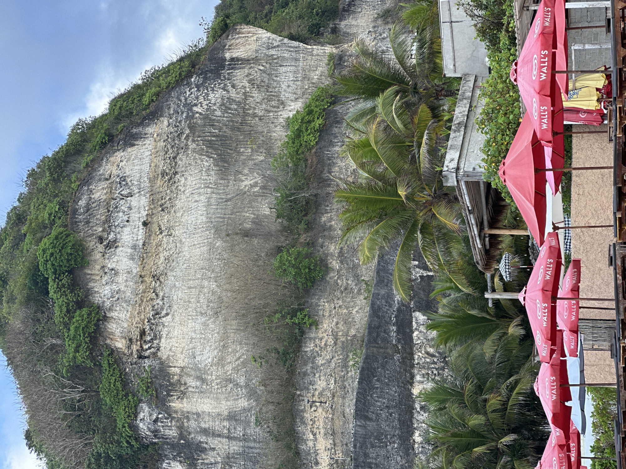 The image captures a beach scene in Kuta Selatan, Indonesia, dominated by a large, layered cliff face overgrown with vegetation. In the foreground, a row of vibrant red beach umbrellas, many bearing the "WALL'S" logo, are set up over wooden tables and chairs. Behind the umbrellas, palm trees frame the scene, with glimpses of simple structures, possibly cafes or changing rooms, nestled amongst the foliage at the base of the cliff. The sky above is partly cloudy, suggesting a warm day. There are no people visibly present in the image.