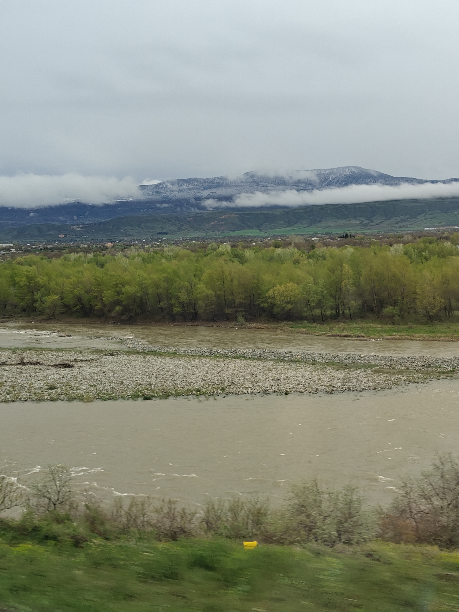 The image shows a wide, muddy river flowing through a landscape, likely in the city of Unknown, Unknown. The river contains a large gravel bar in the foreground. Behind the river, a dense forest stretches across the middle ground. Beyond the trees, a town or settlement is visible, nestled against the base of a mountain range. The mountains are partially obscured by low-hanging clouds, with snow visible on the peaks. The sky is overcast and gray.