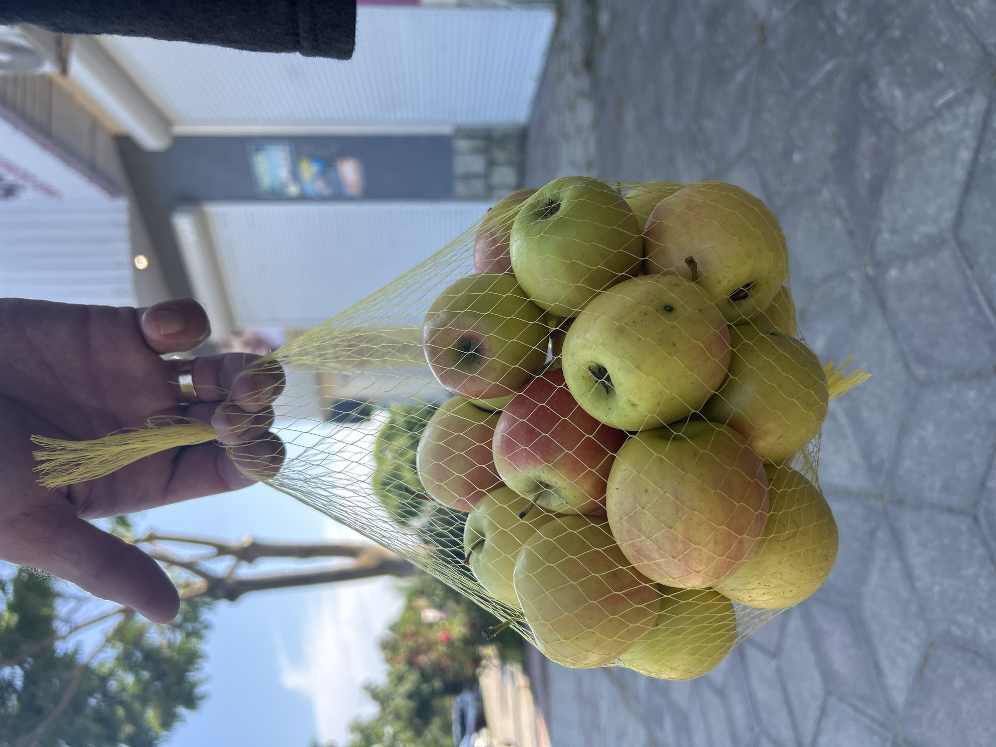 A hand, adorned with a ring on the ring finger, clutches the drawstring of a yellow mesh bag filled with apples. The bag is held at chest height. The apples are a mix of green and red hues, with some showing blush of pink. The background suggests an outdoor urban environment with a paved walkway, buildings with closed storefronts, and trees. The scene appears to be in the city of Shchelkino, Ukraine.