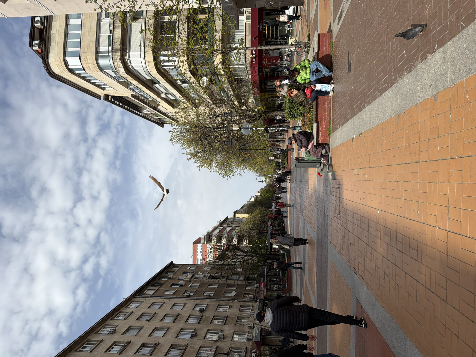 The image captures a street scene in Sofia, Bulgaria, characterized by a wide pedestrian walkway composed of light brown and brick-colored tiles. Buildings line either side of the street, with a variety of architectural styles ranging from older structures with curved facades to more modern apartment blocks.
People are scattered along the walkway, some walking, others sitting on benches or at the edges of raised planters. Trees with sparse foliage are planted along the street, offering some shade. A bird flies in the sky between the buildings. A shop with red awning can be seen. A pigeon is also seen on the right side on the walkway.