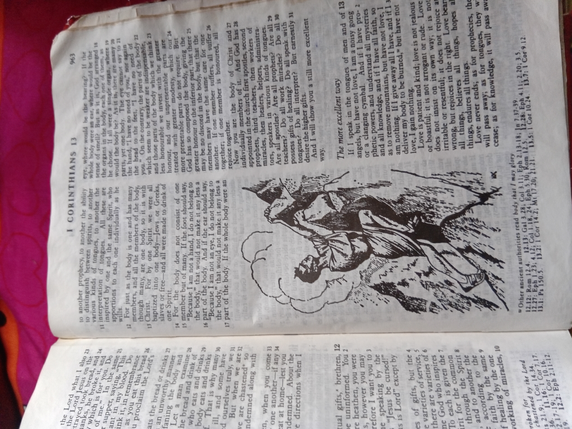 The image shows an open book, likely a Bible, with text and an illustration. The book is lying on a surface that appears to be a brightly colored textile. The illustration depicts a person climbing a rocky mountain. The text is in English and appears to be from the New Testament, specifically the book of 1 Corinthians, chapter 13, with a chapter heading "The more excellent way." The page number 963 is visible. There is no information in the image that suggests the location in the city of Nkpor, Nigeria.