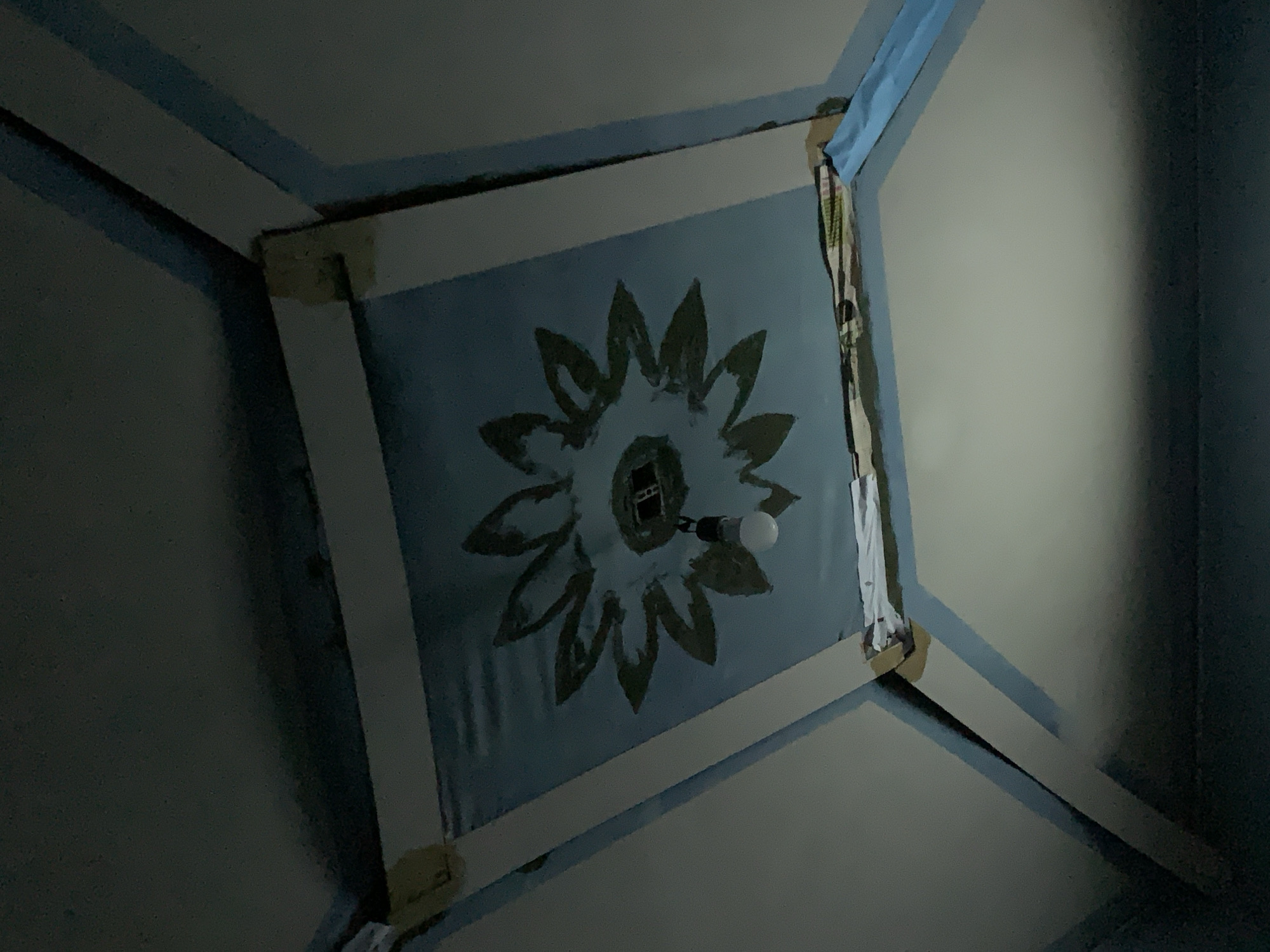 The image displays a dimly lit ceiling in an indoor setting, situated in Santa Ana, Venezuela. The central feature is a light blue square panel on the ceiling, adorned with a hand-painted, olive-green, stylized flower or sun design. A single, white light bulb hangs from the very center of this painted motif, serving as the main light source.
The central blue panel is framed by four white or light beige wooden beams that form a square. These beams extend outwards from the central panel, connecting to the room's walls at angles, creating surrounding ceiling sections that are painted in a light gray or off-white hue.
Notable details include signs of wear or repair: light brown or yellow tape is visible at several corner intersections where the beams meet. On the right side, a strip of patterned, possibly fabric, material is used along one of the vertical beams, suggesting a makeshift repair or decorative addition. The overall aesthetic is rustic and appears to be in a lived-in space, possibly indicating an older structure or an area undergoing maintenance. The low light levels contribute to a subdued atmosphere. No people are present, no activities are taking place, and no text is visible.