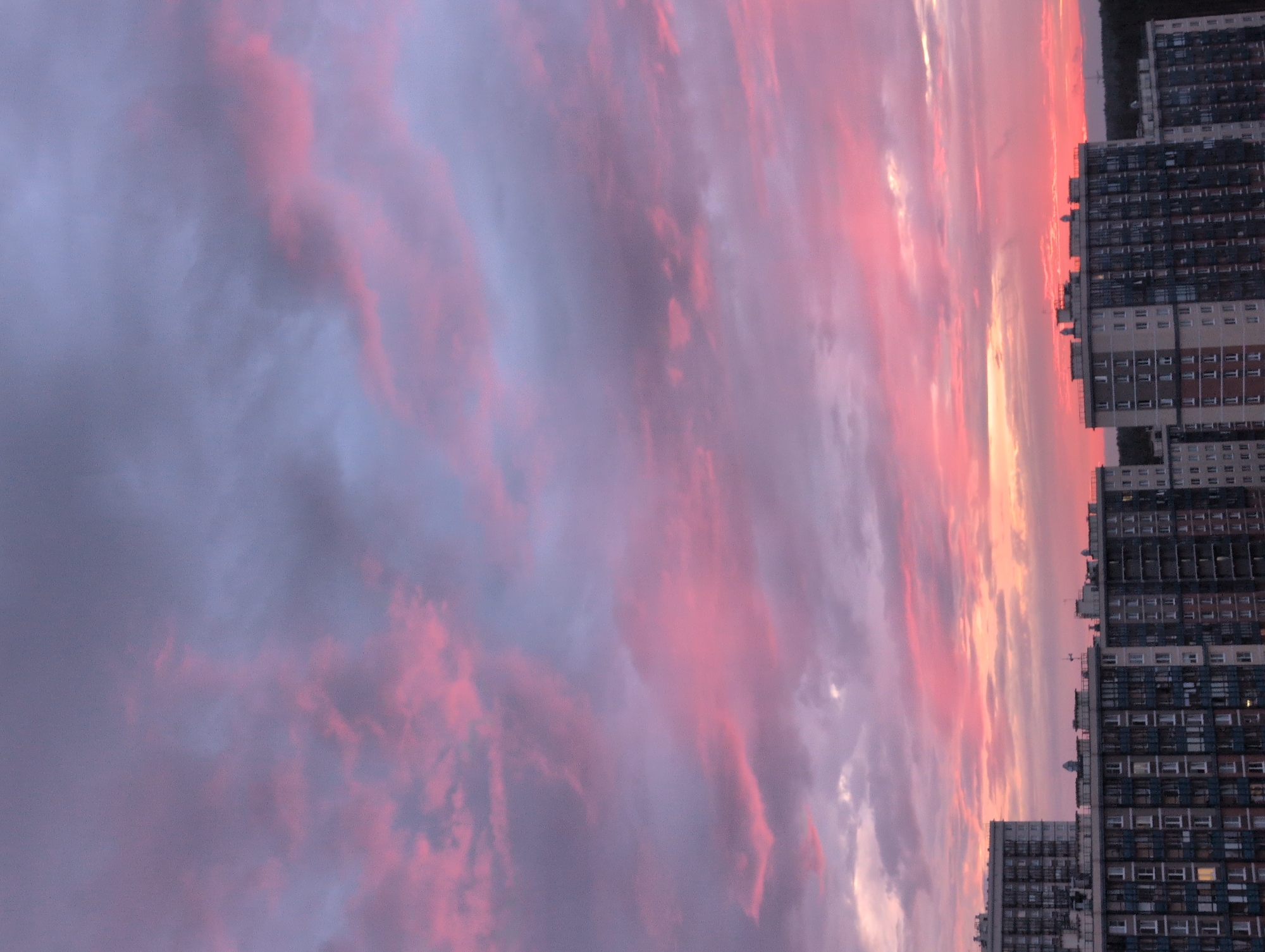 This is a vertical, eye-level, full shot photograph of apartment buildings against a dramatic sunset sky in Saint Petersburg, Russia. The sky is filled with clouds colored in shades of pink, purple, and gray, indicating a sunset or sunrise. The clouds are wispy and scattered, with some areas showing more intense pink hues where the light is breaking through.
In the foreground, the tops of several modern, multi-story apartment buildings are visible. These buildings have a repetitive architectural style with numerous windows. The building on the far left is lighter in color, while the buildings in the center and to the right are darker, with blue-tinted windows and gray facades. The urban landscape is clearly depicted. There are no people visible in the image. The overall mood is serene and somewhat atmospheric due to the vibrant sky.