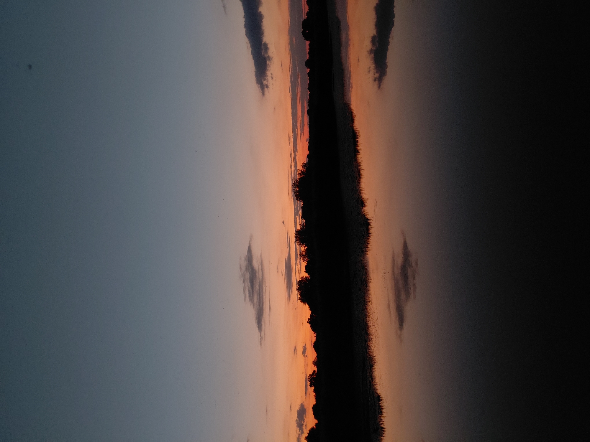 This is a vertical, landscape photograph of a sunset over a body of water in Ustyvytsia, Ukraine. The sky transitions from a deep blue at the top to orange and pink near the horizon. Silhouetted trees form a dark line across the middle ground. The water in the foreground reflects the sky and the treeline, with the reflection being darker and more muted. There are some small, dark clouds in the sky and their reflections are visible in the water. The overall mood is serene and peaceful, characteristic of a rural sunset scene.