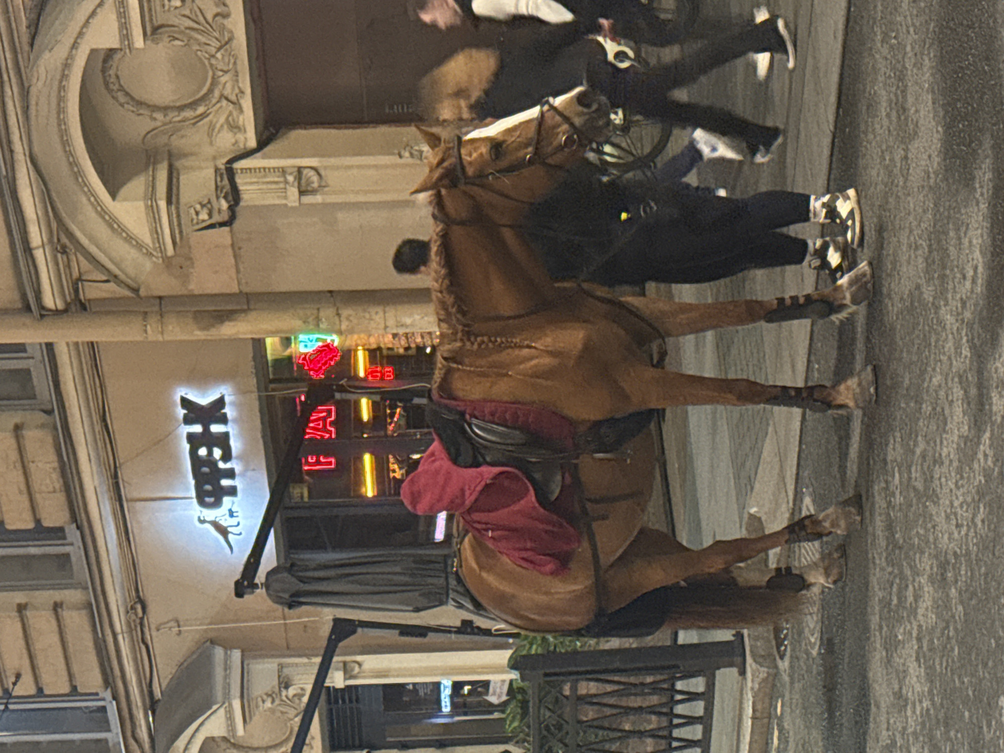 A brown horse stands on a paved street in Saint Petersburg, Russia. The horse is wearing a saddle and a red cloth is draped over it. A person wearing dark clothing and sneakers stands next to the horse. In the background, there are people walking and a building with a neon sign that reads "ФОРК". The lighting suggests it is nighttime.