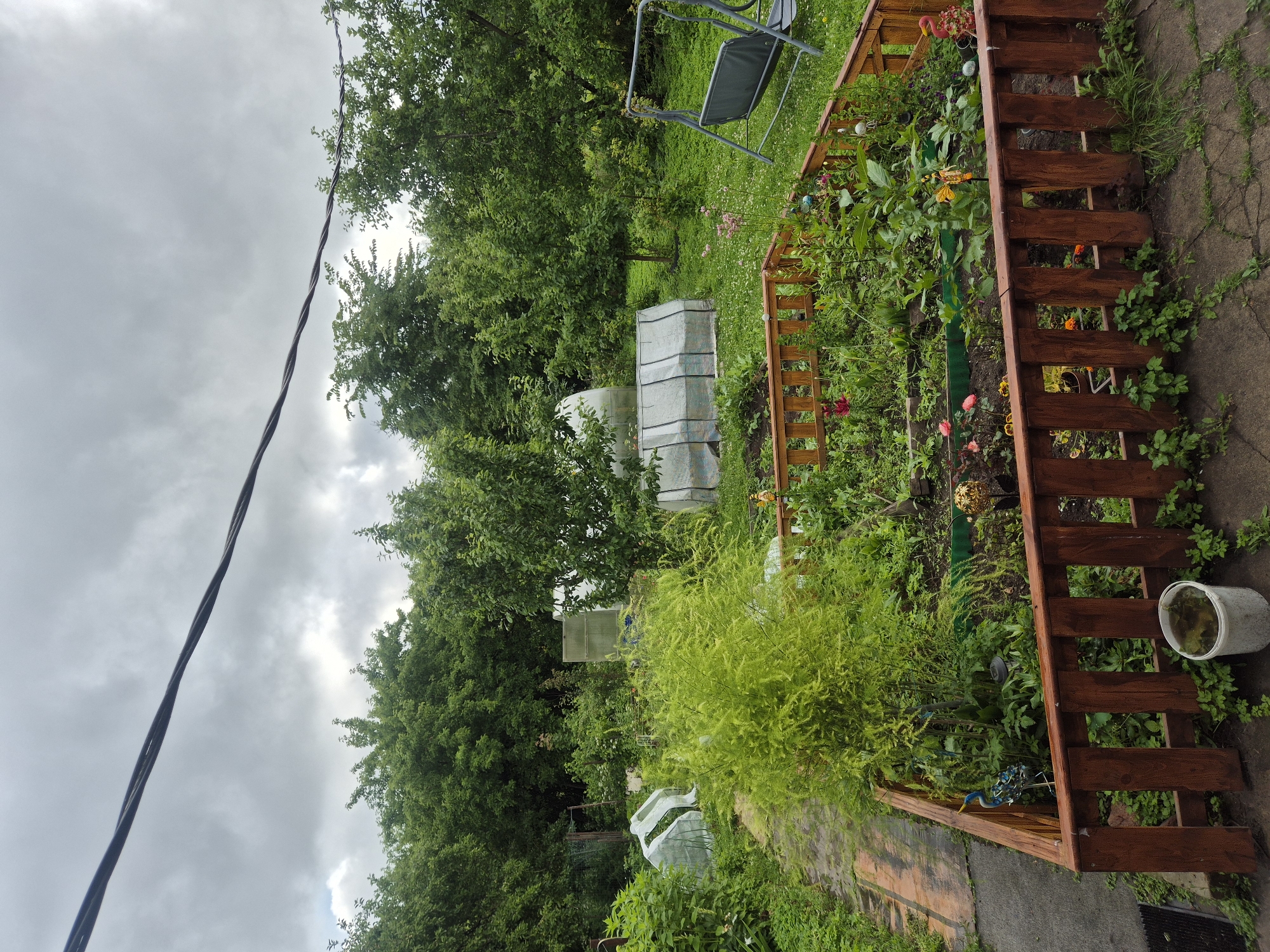 A backyard garden scene is depicted, possibly in Kehra, Estonia, under an overcast sky. In the foreground, a raised garden bed with a wooden fence contains various plants and flowers, including red and pink blooms. To the left, a paved walkway leads towards the garden. Beyond the raised bed, the garden extends into a larger area with several plastic greenhouses, a garden swing set, and an abundance of green foliage and trees. A white bucket filled with liquid is placed near the fence on the left. Overhead, thick black cables are strung across the frame.