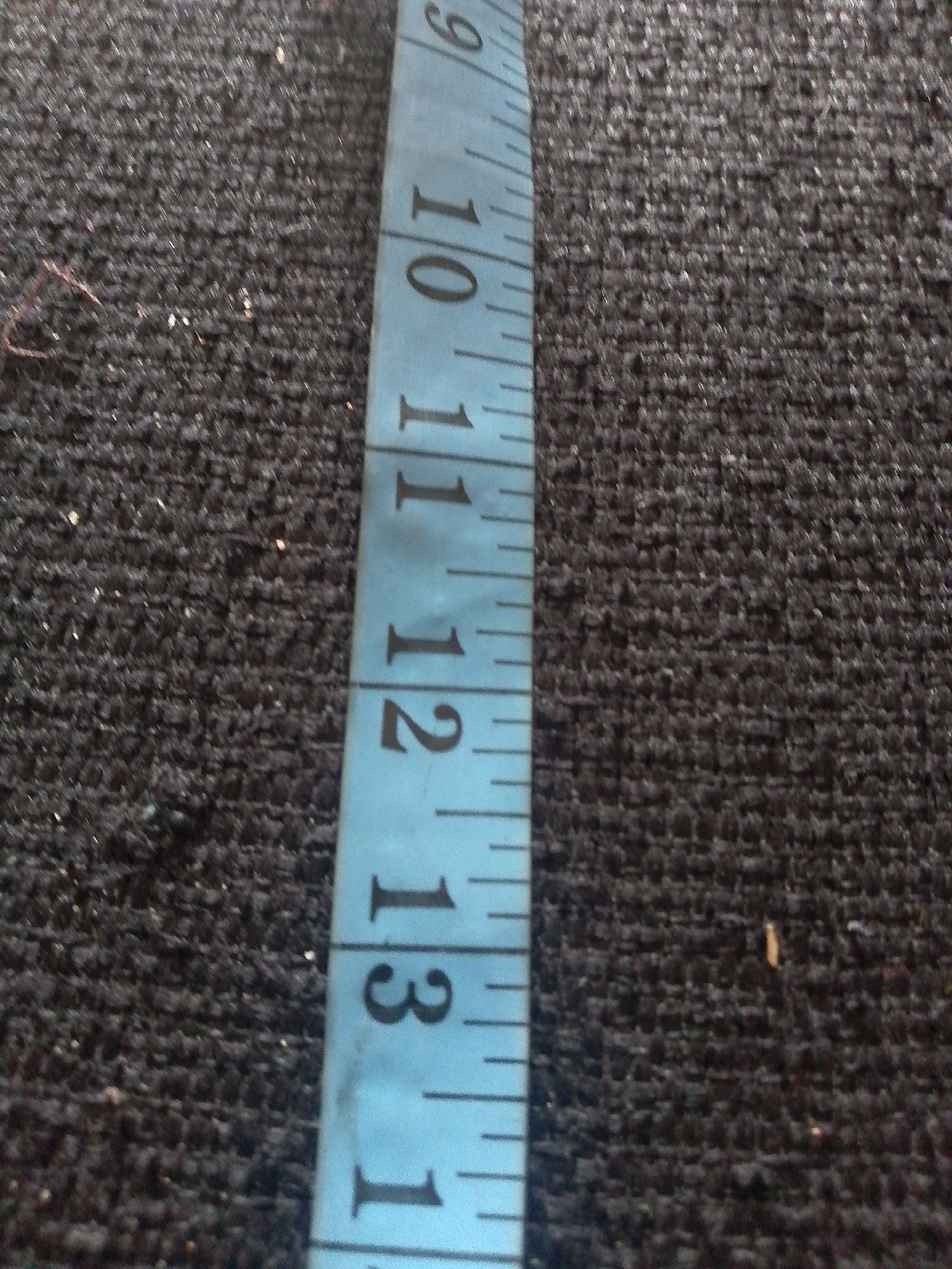 The image is a close-up, high-angle shot of a light blue measuring tape lying on a dark, textured surface that appears to be carpet or fabric. The measuring tape is marked with black numbers and lines, indicating measurements. The visible numbers on the tape are 9, 10, 11, 12, and 13, suggesting a measurement in inches or centimeters. The tape is positioned vertically in the frame, with the numbers increasing from top to bottom. The dark surface has a slightly speckled appearance, with some lighter flecks scattered throughout. There are no people or discernible actions visible in the image. The image provides no information about the location in the city of Jauro Yinu, Nigeria.