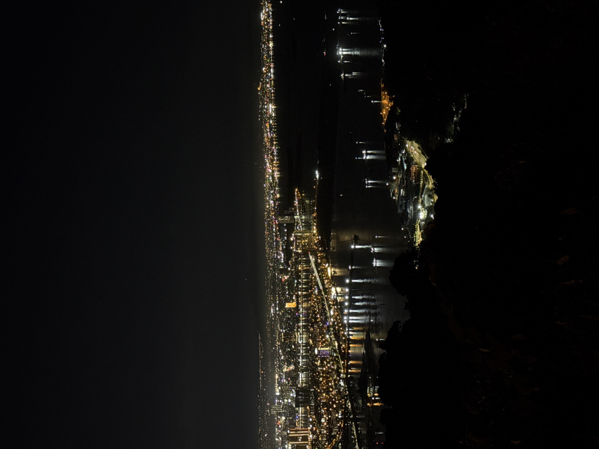 This is a nighttime aerial view of the city of Da Nang, Vietnam, focusing on the coastal area with the Han River flowing through it. The city lights are brightly illuminated, stretching across the landscape and reflecting on the dark water. Several bridges are visible spanning the river, with vehicle lights creating streaks of light. Numerous boats and ships are scattered on the water, their lights creating glowing trails. The foreground is dominated by dark silhouettes of trees and hills, suggesting the vantage point is from a higher elevation on a nearby mountainside. The sky is a deep black, typical of a night sky with minimal light pollution. The overall impression is one of a vibrant, bustling coastal city at night.