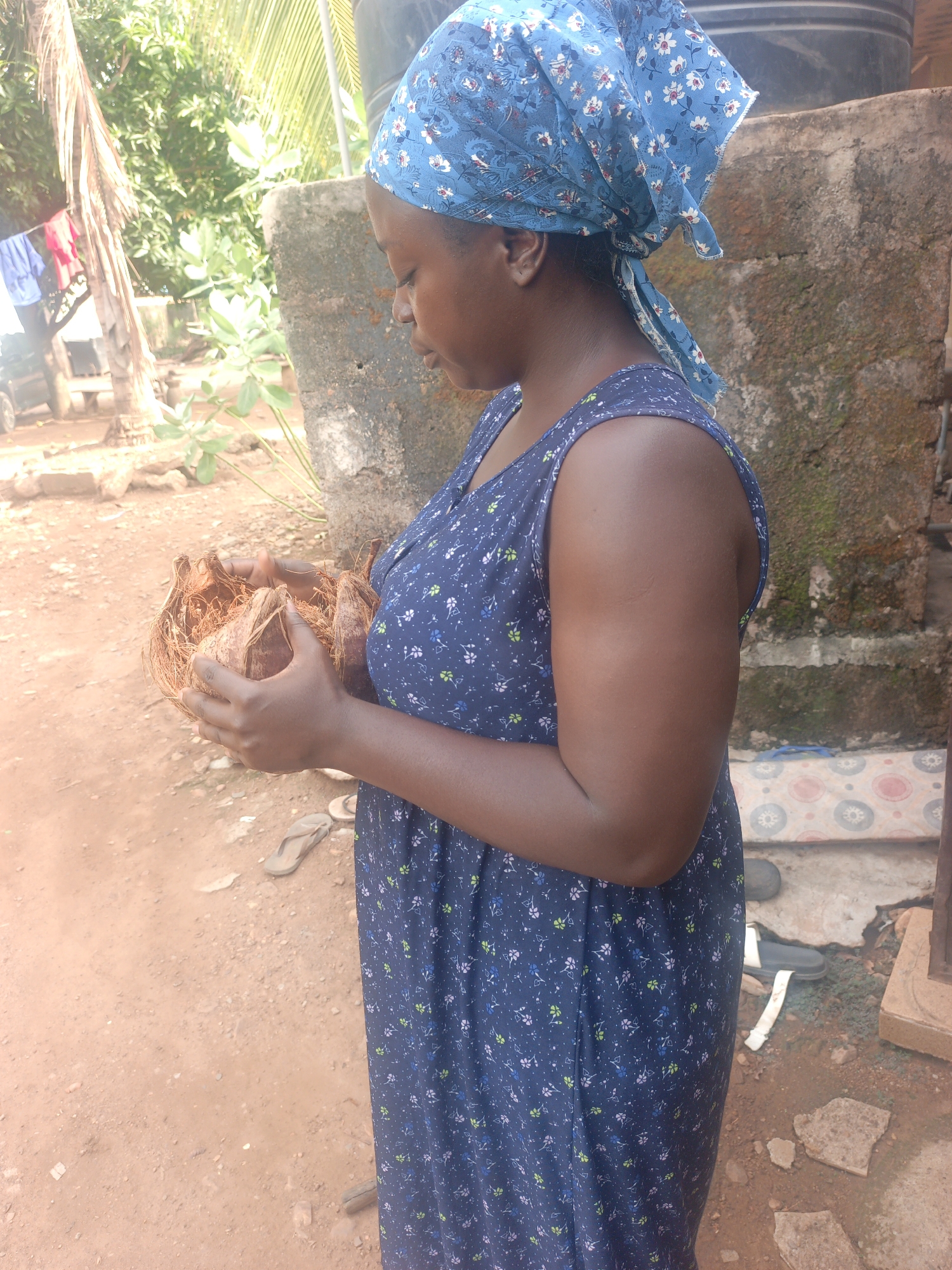 The image depicts a woman in Akwanga, Nigeria, holding a coconut. She is wearing a blue floral-patterned dress and a matching headscarf. The ground appears to be reddish-brown soil. In the background, there is a concrete structure, green foliage, and laundry hanging. The image is taken in daylight.