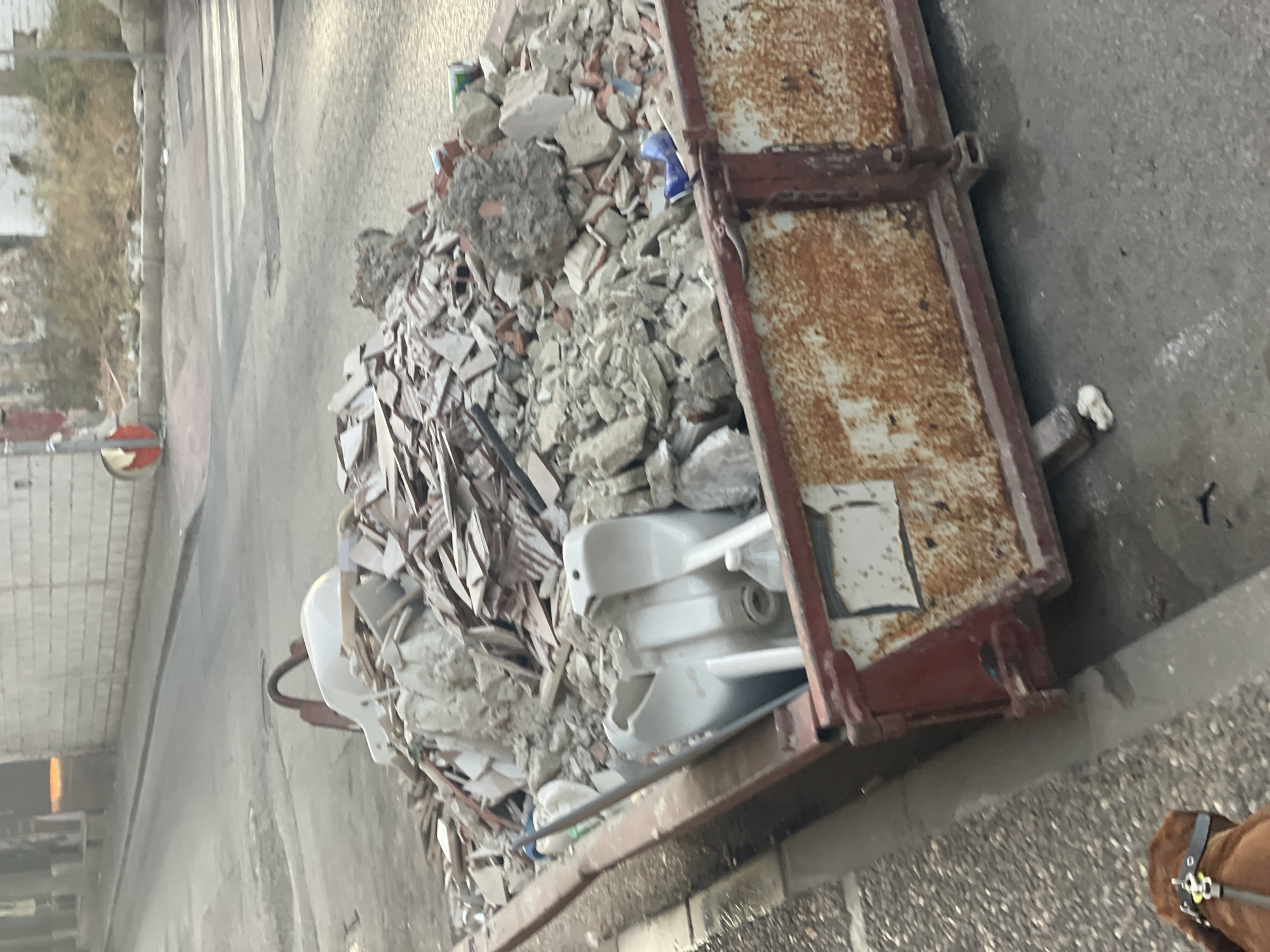 In La Línea de la Concepción, Spain, a construction debris skip is overflowing with broken tiles, concrete fragments, and what appear to be discarded plumbing fixtures, including two white ceramic sinks. The skip is red with rusty patches and sits on a paved street next to a sidewalk. In the foreground, the back of a brown dog wearing a black collar is visible, suggesting a person is present but out of frame. The background shows a street with a pedestrian crossing, a building with a tiled facade, and a glimpse of vegetation. The scene appears to be captured during daylight.