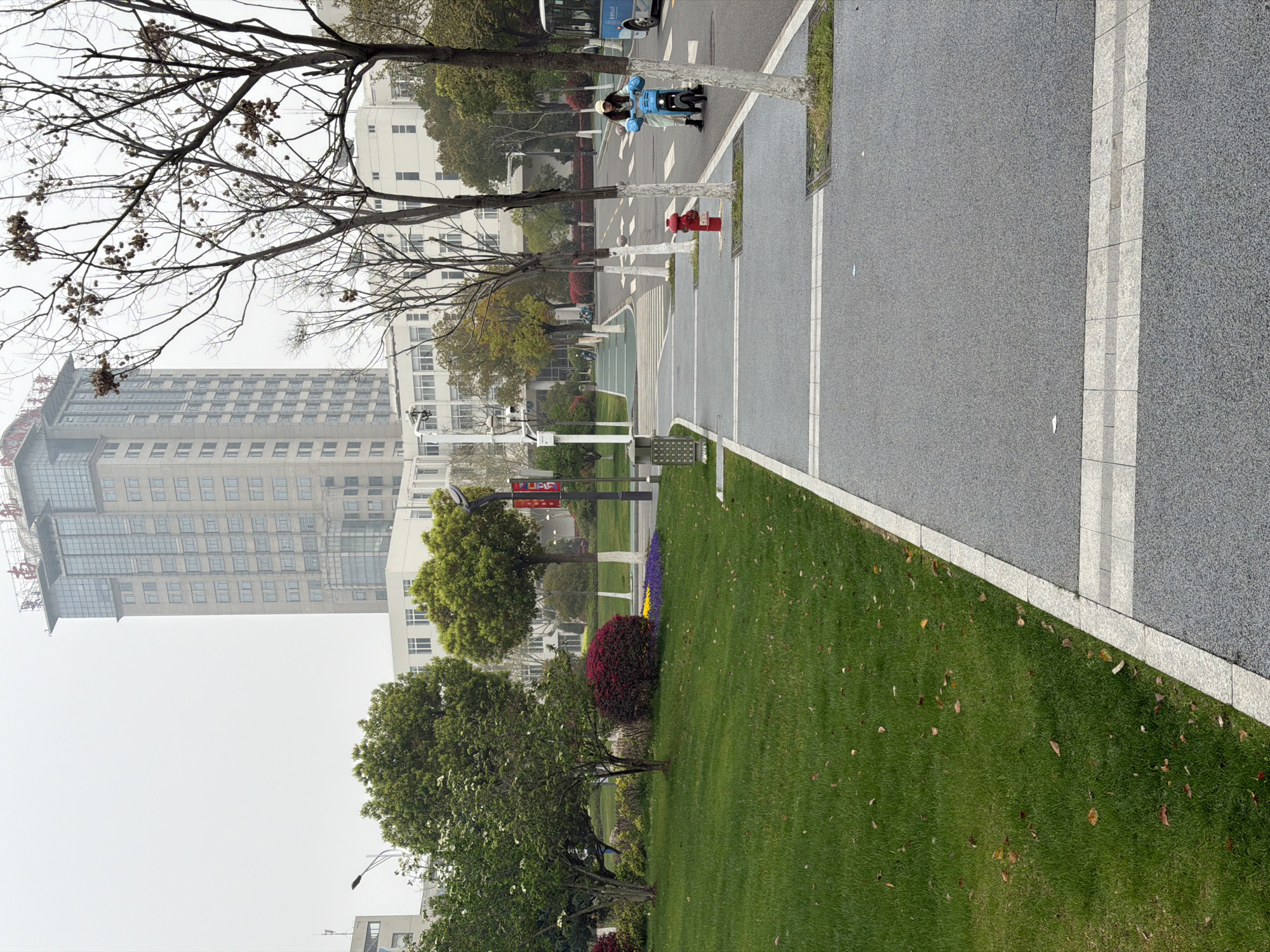The image depicts an outdoor scene in the Jiangning District of China. A tall, modern building with a reflective facade dominates the background, partly obscured by trees. In the foreground, there is a green lawn bordering a paved walkway or road. A few trees and shrubs are scattered across the lawn. On the road, two individuals wearing matching blue sanitation uniforms and white gloves are visible. A red fire hydrant is also present on the edge of the walkway. The overall scene suggests a city park or a landscaped area near a building in the urban environment. The sky is overcast, creating a subdued and slightly gray ambiance.