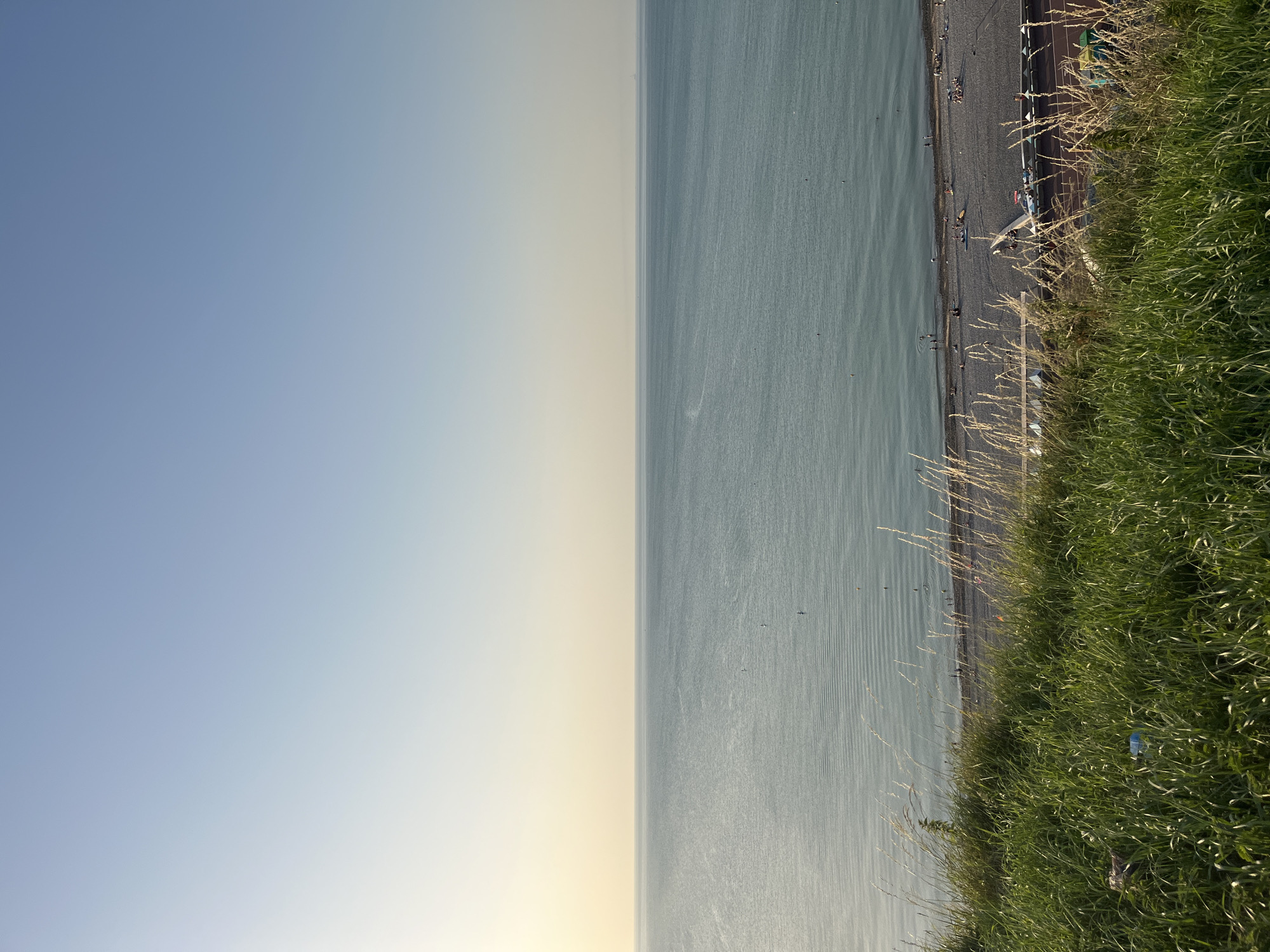 The image depicts a serene, natural scene with a body of water meeting a grassy embankment. The water, appearing calm and blue-grey, stretches to the horizon. Along the edge of the water, a dark-colored beach or shoreline is visible, dotted with several small figures that appear to be people. Some are gathered, while others seem to be walking or engaging in activities on the shore.
The foreground is dominated by lush green grass, suggesting an outdoor setting like a park, cliffside, or a path overlooking the water. Tall, dry grasses are interspersed with the green, adding texture and a sense of wildness. A few stray objects, possibly litter such as a blue plastic bottle and a crumpled piece of fabric, are visible within the grass on the right side of the image.
The sky transitions from a clear, pale blue at the top to a lighter, warmer tone closer to the horizon, indicating either sunrise or sunset. The overall mood is peaceful and tranquil, with the natural elements taking center stage. The presence of people suggests a public space, possibly a recreational area. The image is oriented vertically, with the horizon running horizontally across the center, dividing the sky from the water. There is no visible text in the image. The location context is Dieppe, France.