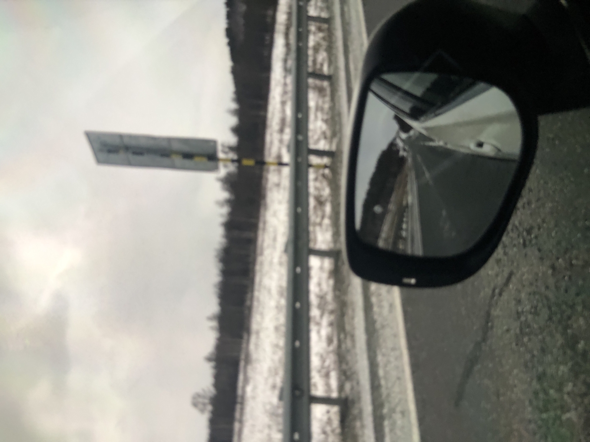 The image depicts a view from inside a vehicle, likely a car, showing a side mirror. Reflected in the mirror is a road with guardrails. Adjacent to the road is a forest or line of trees and a rectangular sign. The sky is overcast. The vehicle appears to be moving along the road. The location is unknown.