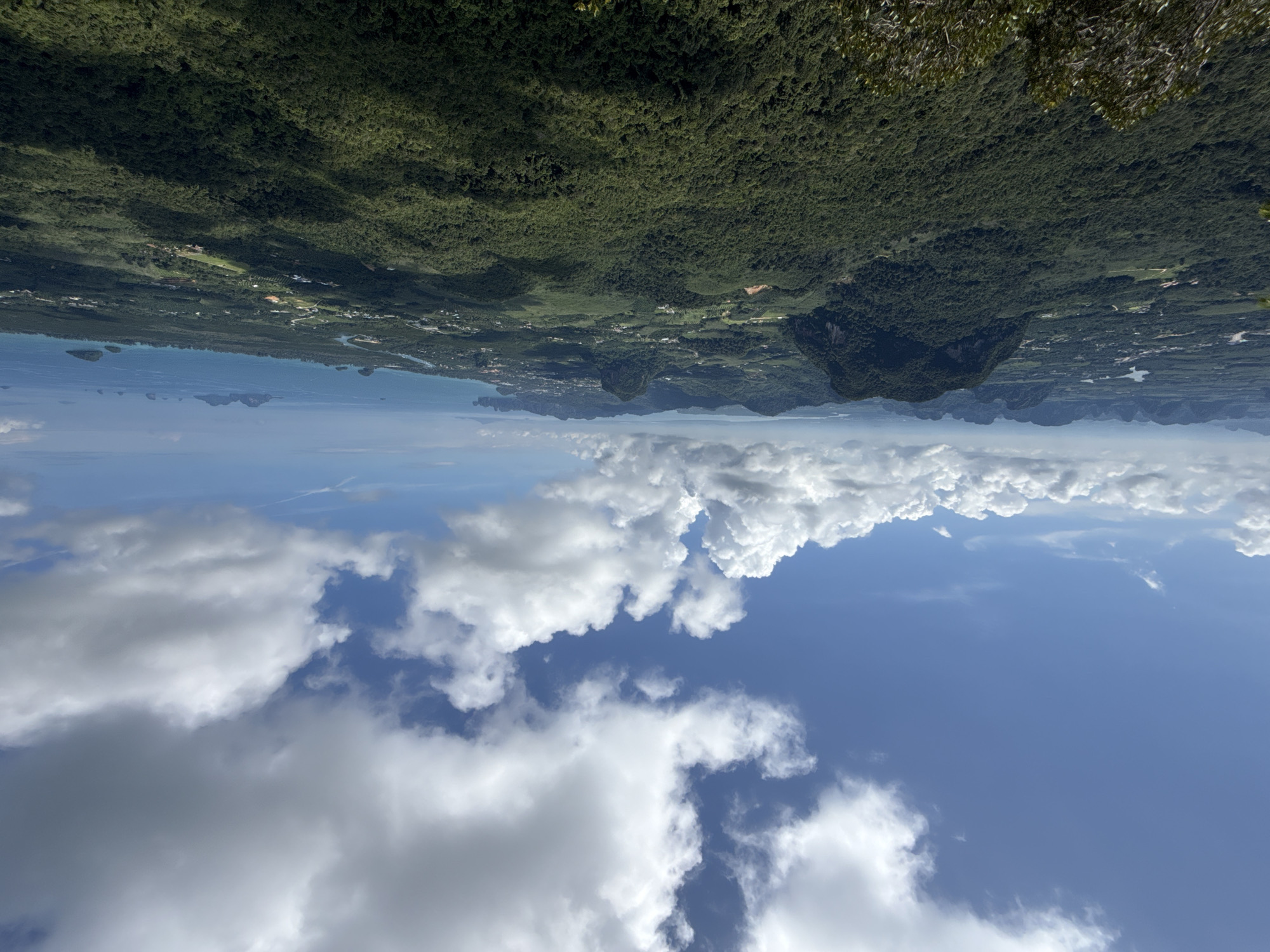 The image presents a wide-angle aerial view overlooking a lush, green mountainous landscape. The foreground is dominated by the dense canopy of a forest, with some vegetation visible at the very bottom edge, suggesting the vantage point is from a high elevation. In the midground, rolling hills covered in trees stretch out, interspersed with scattered buildings and some cleared areas that might be agricultural land or small settlements.
Further into the distance, the landscape transitions to a more varied terrain with several prominent, steep, jungle-covered limestone karsts. Beyond these formations, a coastal area is visible, characterized by a sandy shoreline and the bright blue expanse of the Andaman Sea. Several small islands are dotted across the water, and the coastline extends into the horizon, showing signs of development with buildings clustered along the shore.
The sky above is a vibrant blue, punctuated by large, fluffy white cumulus clouds, casting shadows on the terrain below. The lighting suggests it is daytime, likely late morning or early afternoon, with the sun intermittently breaking through the clouds.
While the location is stated to be Ban Din Daeng Nui, Thailand, the image itself does not contain any specific landmarks or text that definitively identify this precise location. However, the scenery aligns with the characteristic karst topography and coastal environment of southern Thailand. There are no people, animals, or specific actions depicted in the image. The scene is a natural landscape captured from a high vantage point, emphasizing the scale and beauty of the environment.