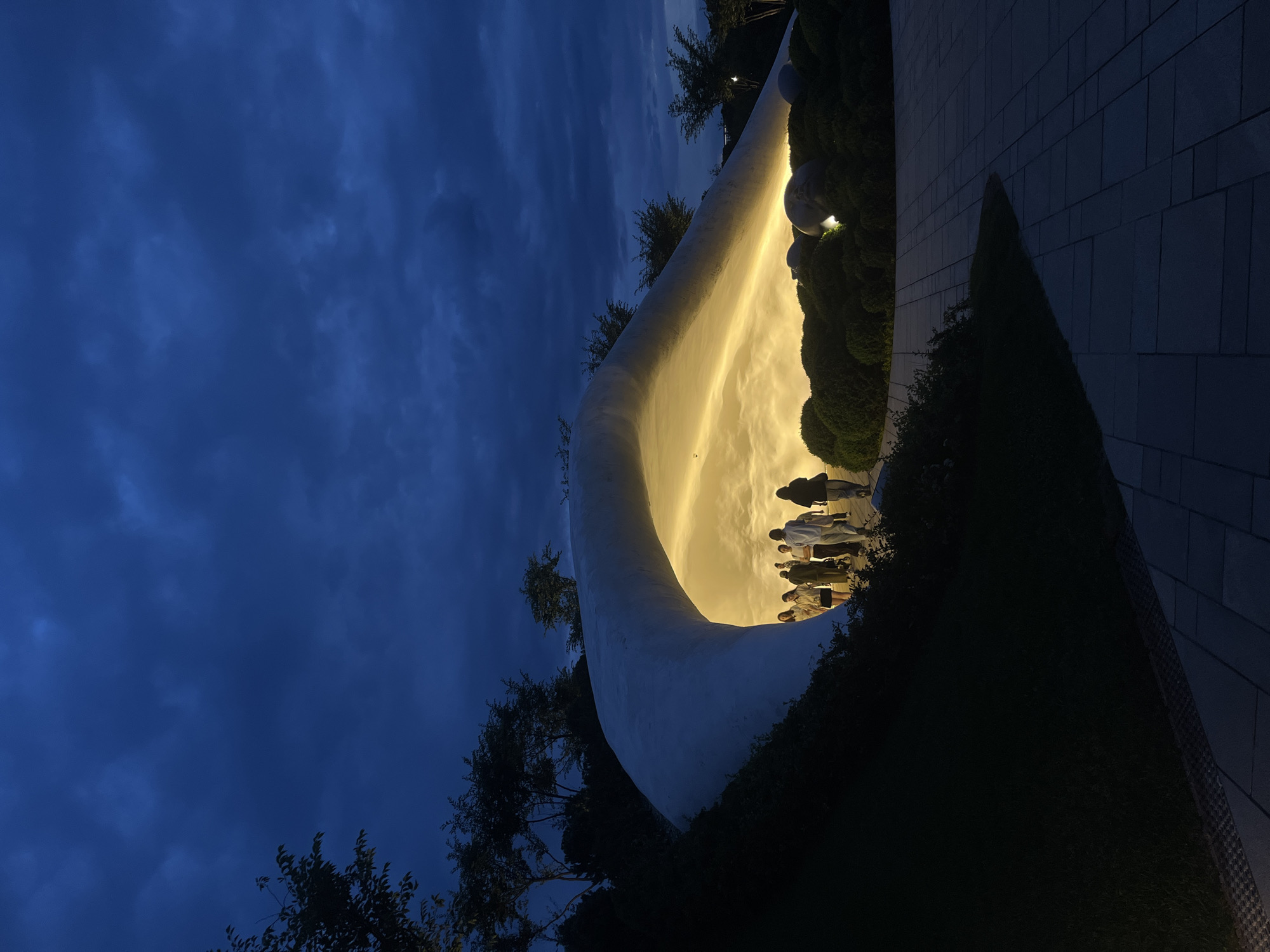 This image captures a modern architectural or art installation at night in Krasnodar, Russia. The central focus is a large, smooth, white curved structure that resembles a sweeping wave or a half-shell. This structure encloses a brightly illuminated area, possibly a body of water or a reflective surface, which emanates a strong, warm yellow glow, casting light upwards.
Approximately eight to ten people are visible on the right side of the illuminated area, standing casually and observing the radiant feature. They appear as dark silhouettes against the bright light, their forms and casual clothing discernible.
The scene is set outdoors under a deep, dark blue night sky, where faint cloud formations are visible. To the left of the white structure, dark trees with visible foliage are silhouetted against the sky. To the right, neatly trimmed dark green hedges and bushes are present, alongside several large, smooth, spherical decorative elements. A paved area or wall with a regular pattern extends towards the right of the frame.
The time of day is clearly nighttime or very late dusk, with the artificial yellow illumination creating a stark contrast against the natural darkness. The overall mood is contemplative and serene, highlighting the modern design and its interaction with light. There is no visible text in the image.