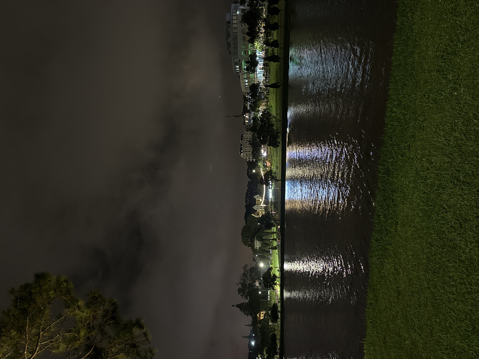 The image presents a serene night landscape, likely capturing a lakeside or riverside view in Da Lat, Vietnam. The original image is oriented vertically, but when viewed horizontally, the scene unfolds with a dark, cloudy sky at the top, a body of water in the middle, and an illuminated shoreline with buildings on the opposite side.
In the upper portion, the sky is deep charcoal grey, almost black, with noticeable cloud formations. A delicate crescent moon is faintly visible amidst the clouds. The lower-left foreground is dominated by the dark silhouette and green needles of a pine tree, partially illuminated from an unseen source, adding depth to the scene.
A calm body of water, possibly a lake, spans the mid-ground. Its dark surface beautifully reflects the artificial lights from the distant shore, creating shimmering streaks of white and blue light across the water. Adjacent to the water, a strip of neatly maintained, lush green grass runs along the bank, brightly contrasting with the darker water and sky.
On the far side of the water and beyond the grassy bank, a collection of buildings with varied architecture lines the shore. These structures, some appearing to be residential or resort-like with their white facades and green-tinted windows, are brightly lit, their windows and exterior lights creating a vibrant glow. They are interspersed with dark trees and shrubs, some of which are also illuminated. The scene conveys a peaceful and tranquil ambiance of an urban or resort area at night. There are no visible people or discernible text in the image.