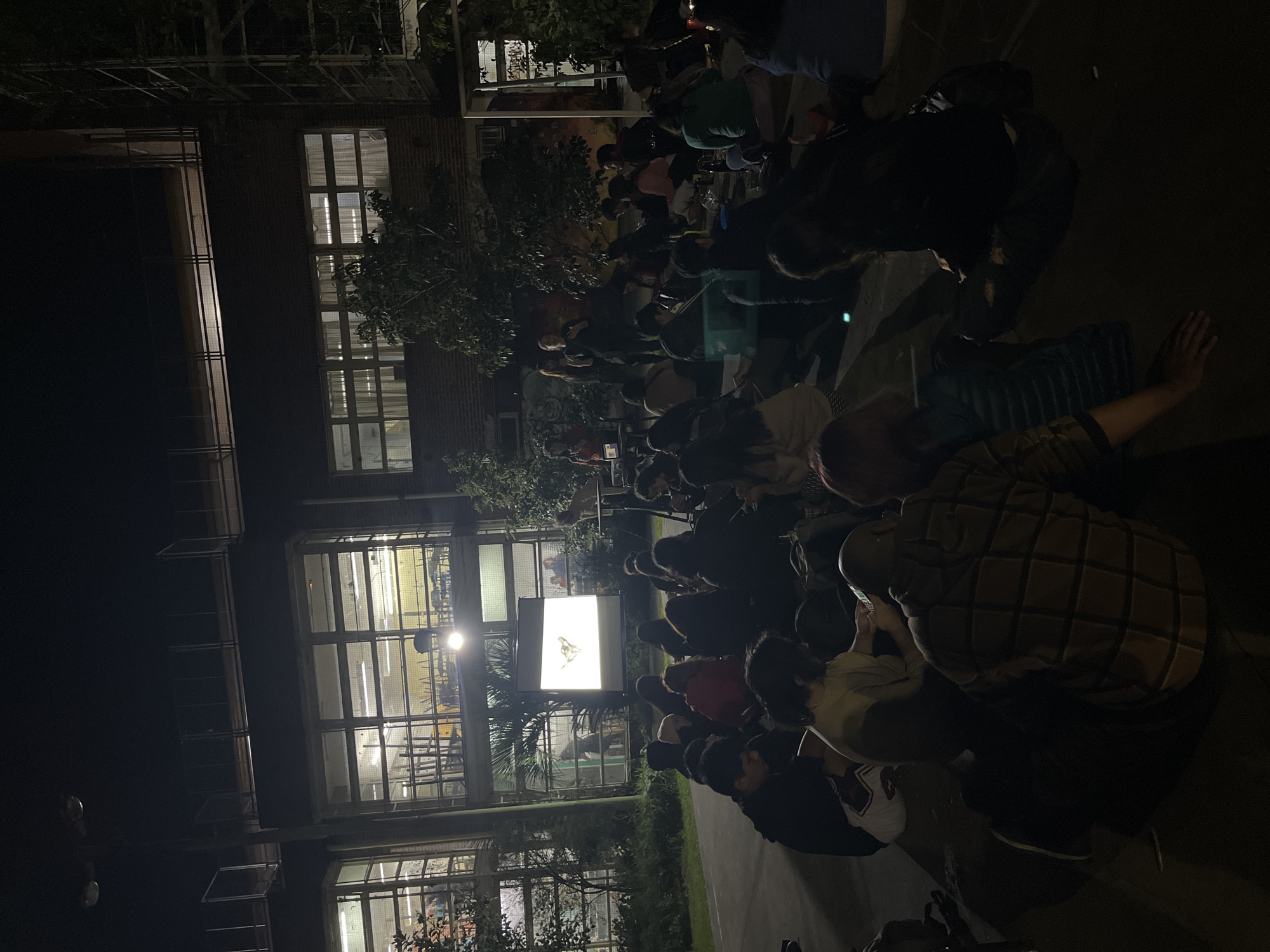 The image shows an outdoor movie screening taking place at night. A crowd of people, mostly seated, is gathered in front of a screen displaying a bright image. The screening is set against a backdrop of a multi-story building with large windows, some of which are illuminated. There are trees and greenery visible, adding to the outdoor setting. The lighting is dim, but sufficient to make out the people and their general activities of watching the screen and interacting with each other. The image is rotated at an odd angle. There is nothing to suggest that it is from Buenos Aires, Argentina.