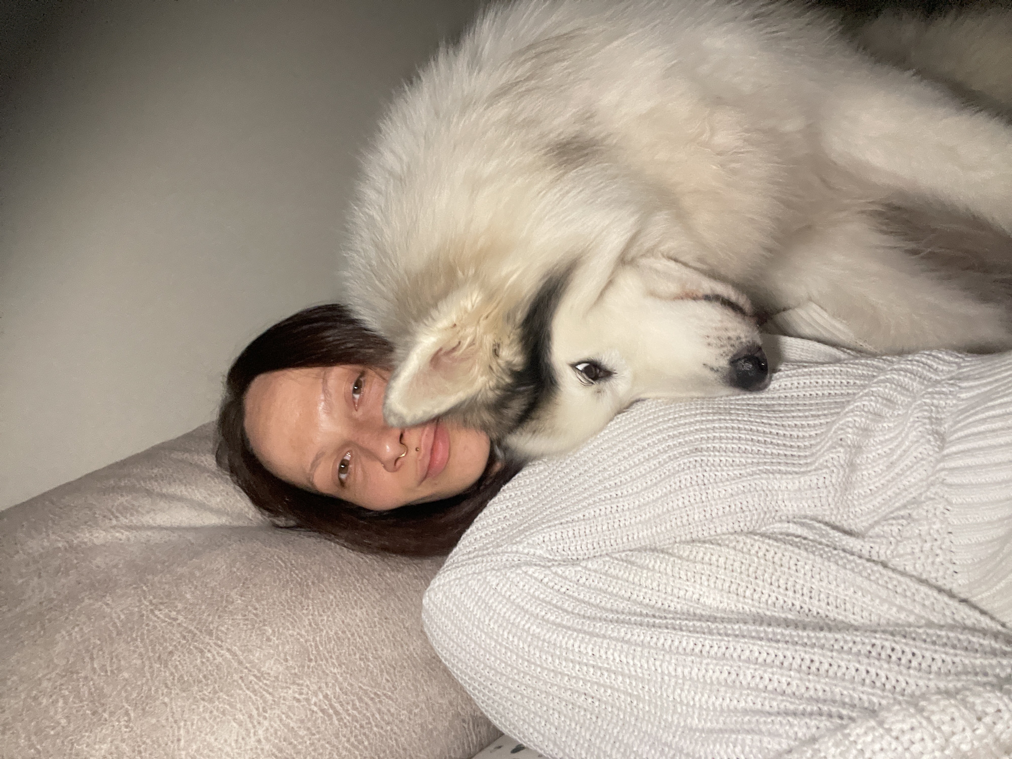 A woman with dark hair and a nose piercing is lying on a light-colored pillow. A large white dog with some darker markings is lying on top of her, partially covering her face. The woman and dog are on a bed covered with a white knitted blanket. The location is unknown.