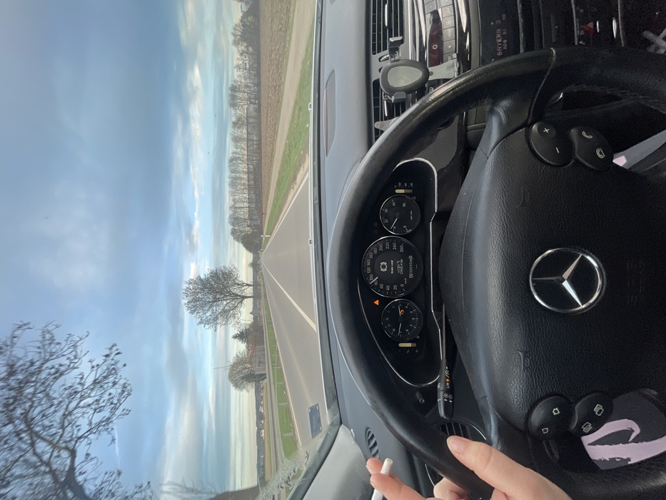A first-person perspective from the driver's seat of a Mercedes-Benz vehicle, looking forward onto a two-lane asphalt road in a rural area near Weißenhorn, Germany. The driver's right hand, with short, manicured nails, holds a lit cigarette with ash visible at its tip, positioned just above the black leather multi-function steering wheel. The steering wheel prominently displays the Mercedes-Benz star logo. The instrument cluster shows a 'BRAKE WEAR' warning, an outside temperature of 13.0°C, and an odometer reading of 200,438 km. The infotainment system displays 'BAYERN'. A dark phone mount is attached to the dashboard on the right side.
The road extends straight into the distance under an overcast sky with patches of lighter blue. On the right side, a freshly tilled brown field is visible, bordered by a long line of leafless deciduous trees. A red and white reflector post stands at the edge of the field. On the left side, a green grassy verge runs alongside a white guardrail. Beyond the guardrail, another brown field, a small cluster of bare trees, and distant buildings with red roofs are discernible. Bare tree branches are partially visible in the upper left foreground.
