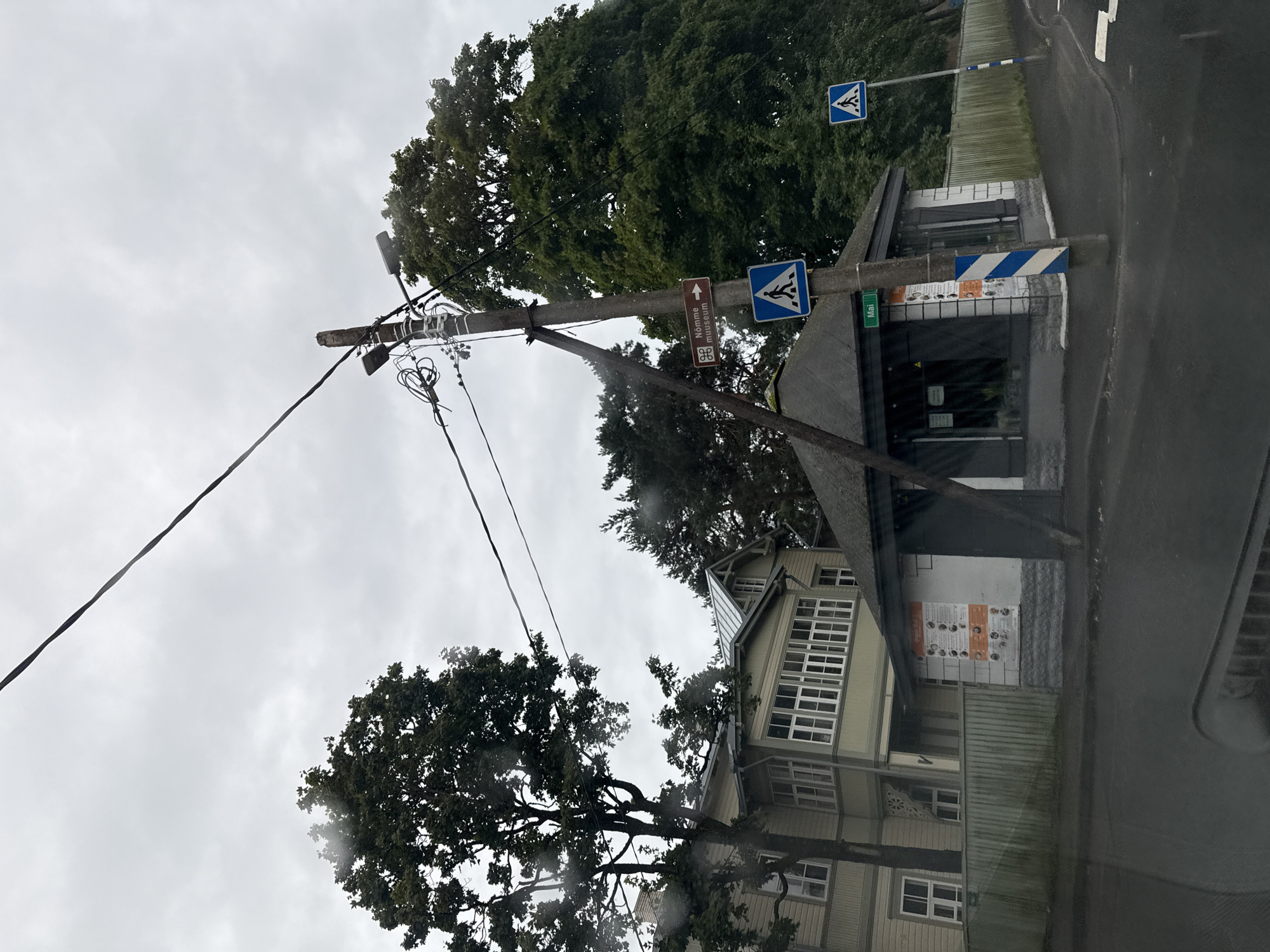 The image shows a street scene in Tallinn, Estonia, on a cloudy day. In the foreground, a wet asphalt road curves to the right. A light pole, leaning at an angle, is positioned on the left side of the image. Attached to the pole are various signs, including a pedestrian crossing sign and a brown directional sign with text that appears to be in Estonian. A small, dark-roofed building with a grey stone base and white walls stands behind the leaning pole. A fence runs along the side of the building and continues into the background. Across the street, a large, light-colored building with multiple windows and a prominent porch is visible, partially obscured by trees. The background is dominated by lush green trees under a grey, overcast sky. The scene suggests a residential or mixed-use area within the city.