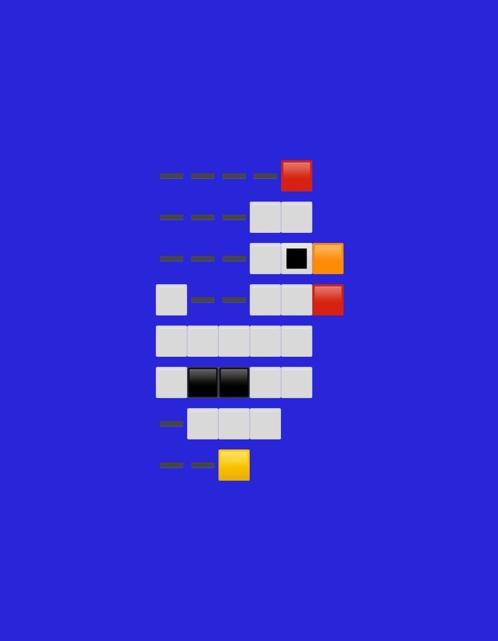 The image displays a stylized, pixel-art representation of a white bird, possibly a duck or a goose, set against a solid, vibrant blue background. The bird is constructed from various colored square and rectangular blocks, giving it a minimalist and digital aesthetic.
The main body and head of the bird are formed by numerous white square blocks. Dark gray rectangular dashes are arranged in rows above and to the left of the bird's head, suggesting a feathery crest or detailing. The bird's features include a red square block at the top right, forming part of the head or upper beak. Below this, a black square block serves as an eye, immediately followed by an orange square block, which clearly represents the beak. Another red square block is positioned below the eye and beak area, possibly outlining the neck or chin.
Further down the bird's body, two side-by-side black square blocks are visible, which could be interpreted as part of the bird's underbelly or feet. At the very bottom, a single yellow square block stands out, likely indicating a foot or a distinctive marking.
There is no discernible activity or event taking place; the image is a static graphic. The absence of any environmental details, other than the plain blue background, gives the artwork an abstract and isolated feel. No text is visible in the image.